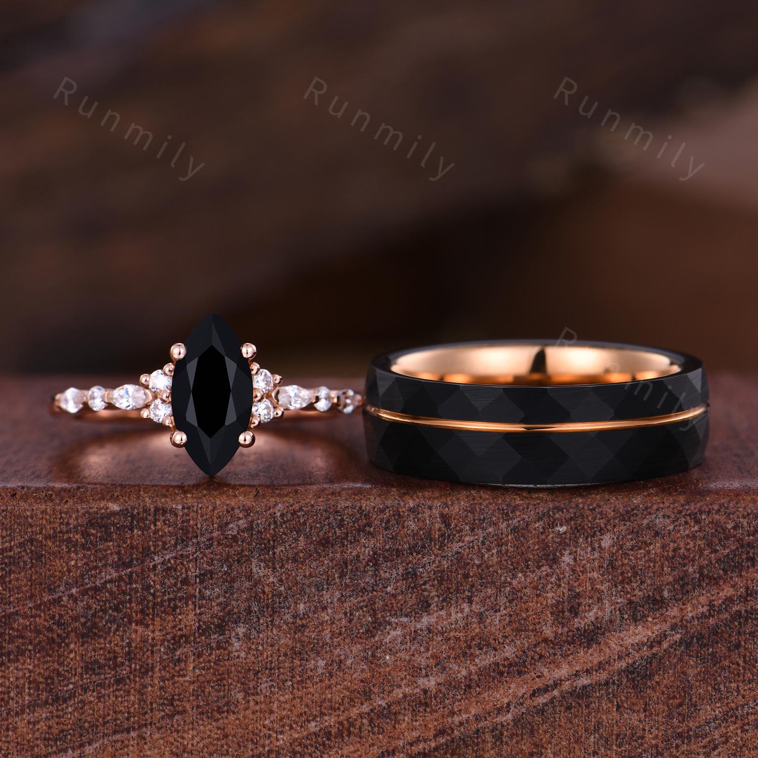 Marquise cut Black Onyx Couples Ring Rose Gold Matching Ring Set His and Hers Wedding Band Promise Ring For Men For Women Natural Black Gem
