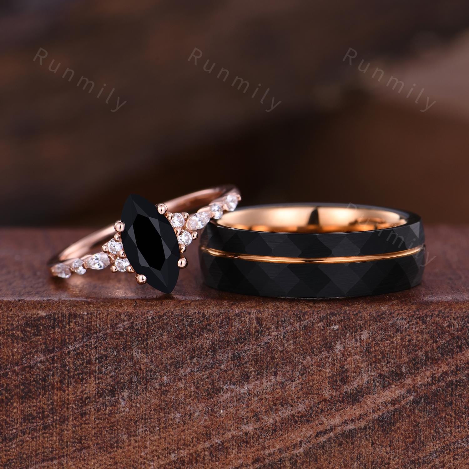 Marquise cut Black Onyx Couples Ring Rose Gold Matching Ring Set His and Hers Wedding Band Promise Ring For Men For Women Natural Black Gem