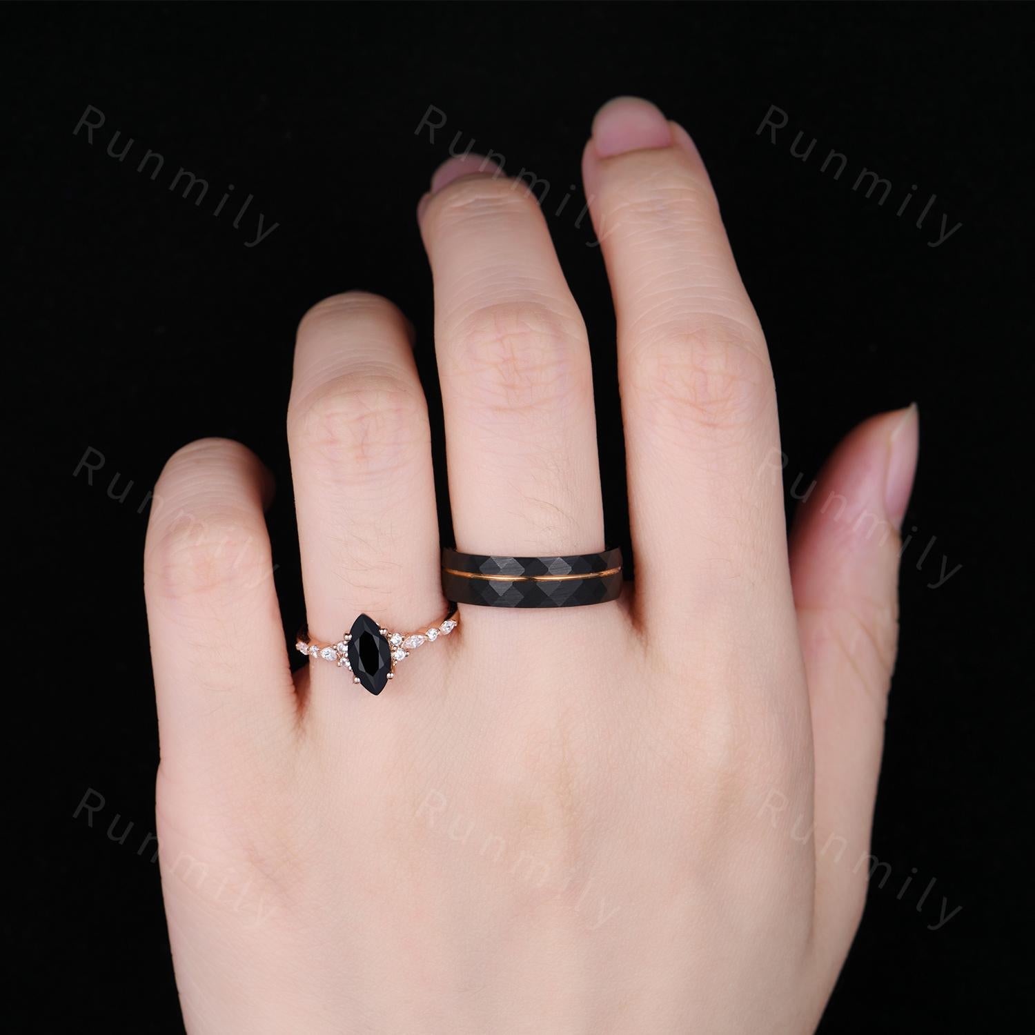 Marquise cut Black Onyx Couples Ring Rose Gold Matching Ring Set His and Hers Wedding Band Promise Ring For Men For Women Natural Black Gem