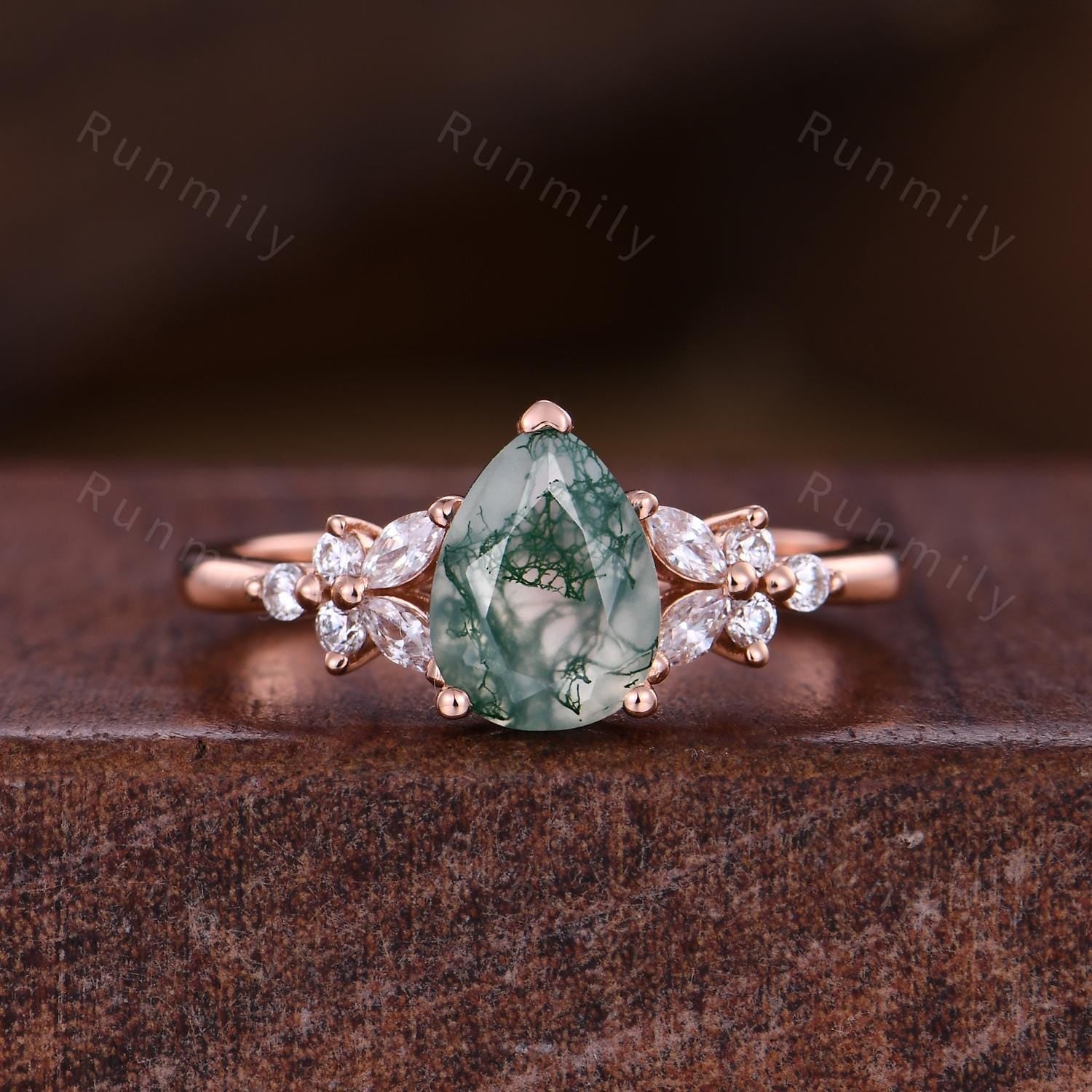 Vintage Moss Agate Engagement ring set Rose Gold Leaf Stacking Band Unique Teardrop Ring Curved Matching Band Diamond Bridal Promise Rings