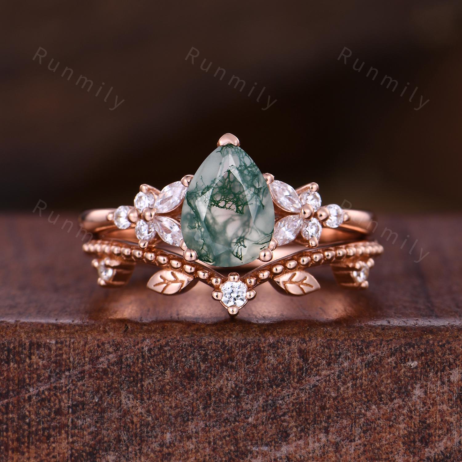 Vintage Moss Agate Engagement ring set Rose Gold Leaf Stacking Band Unique Teardrop Ring Curved Matching Band Diamond Bridal Promise Rings