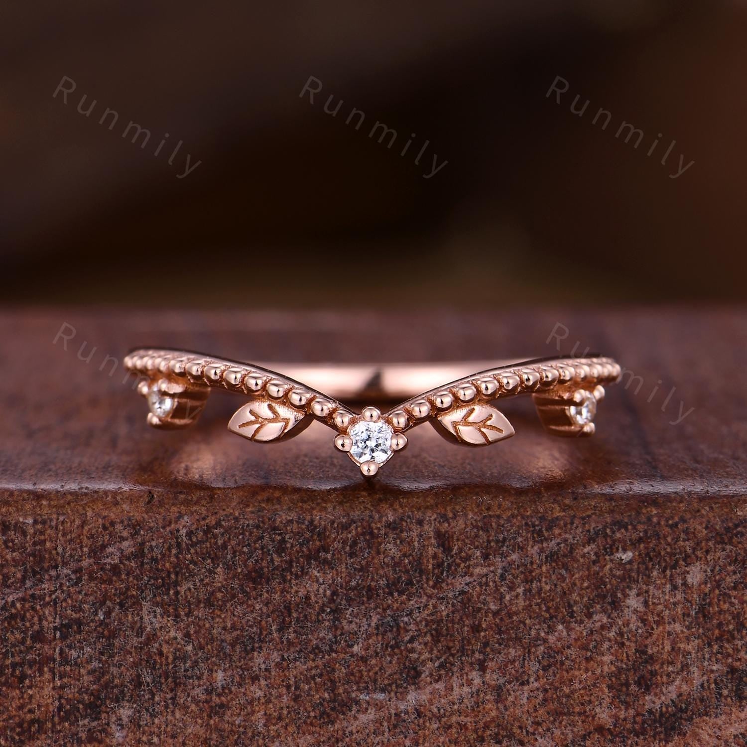 Vintage Moss Agate Engagement ring set Rose Gold Leaf Stacking Band Unique Teardrop Ring Curved Matching Band Diamond Bridal Promise Rings