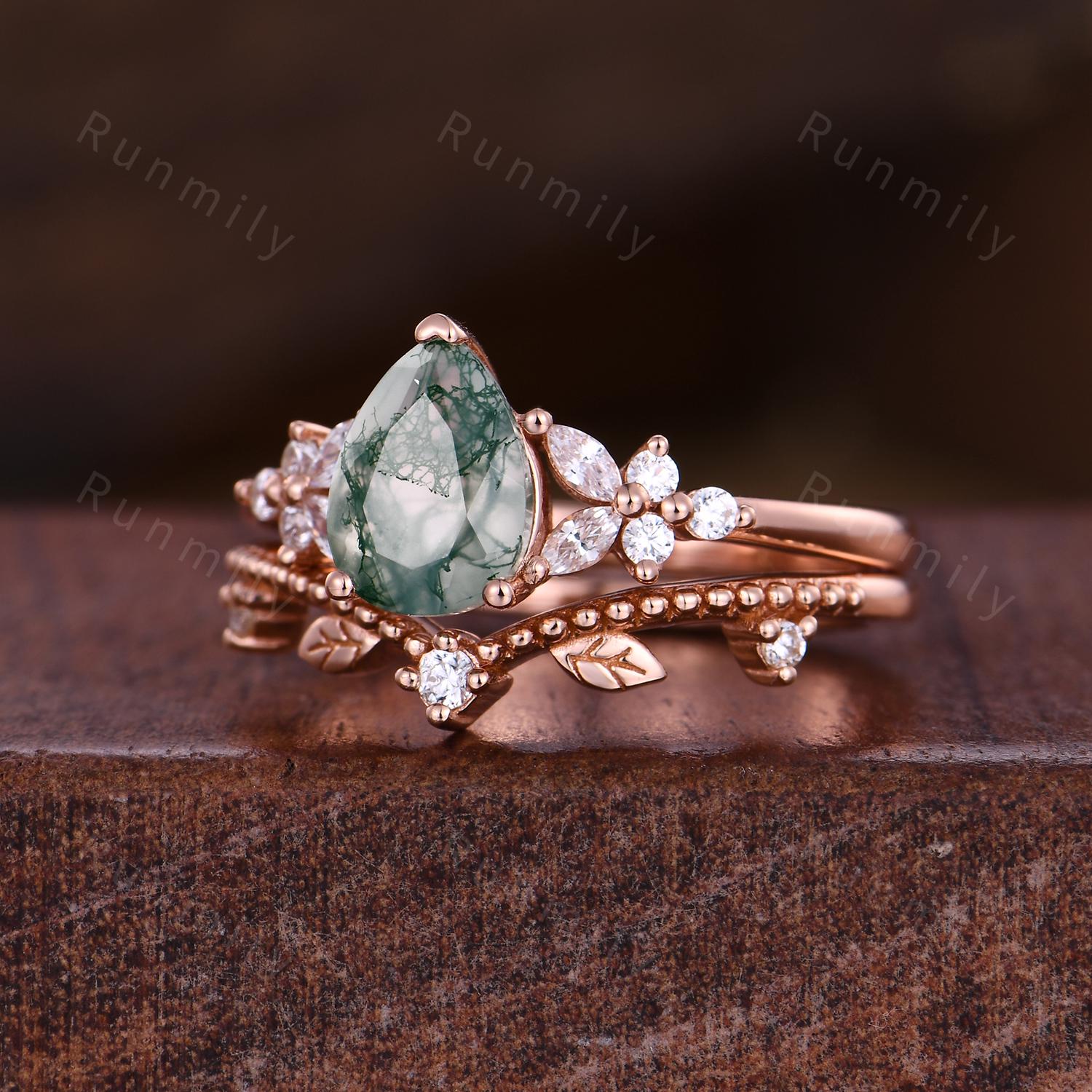 Vintage Moss Agate Engagement ring set Rose Gold Leaf Stacking Band Unique Teardrop Ring Curved Matching Band Diamond Bridal Promise Rings