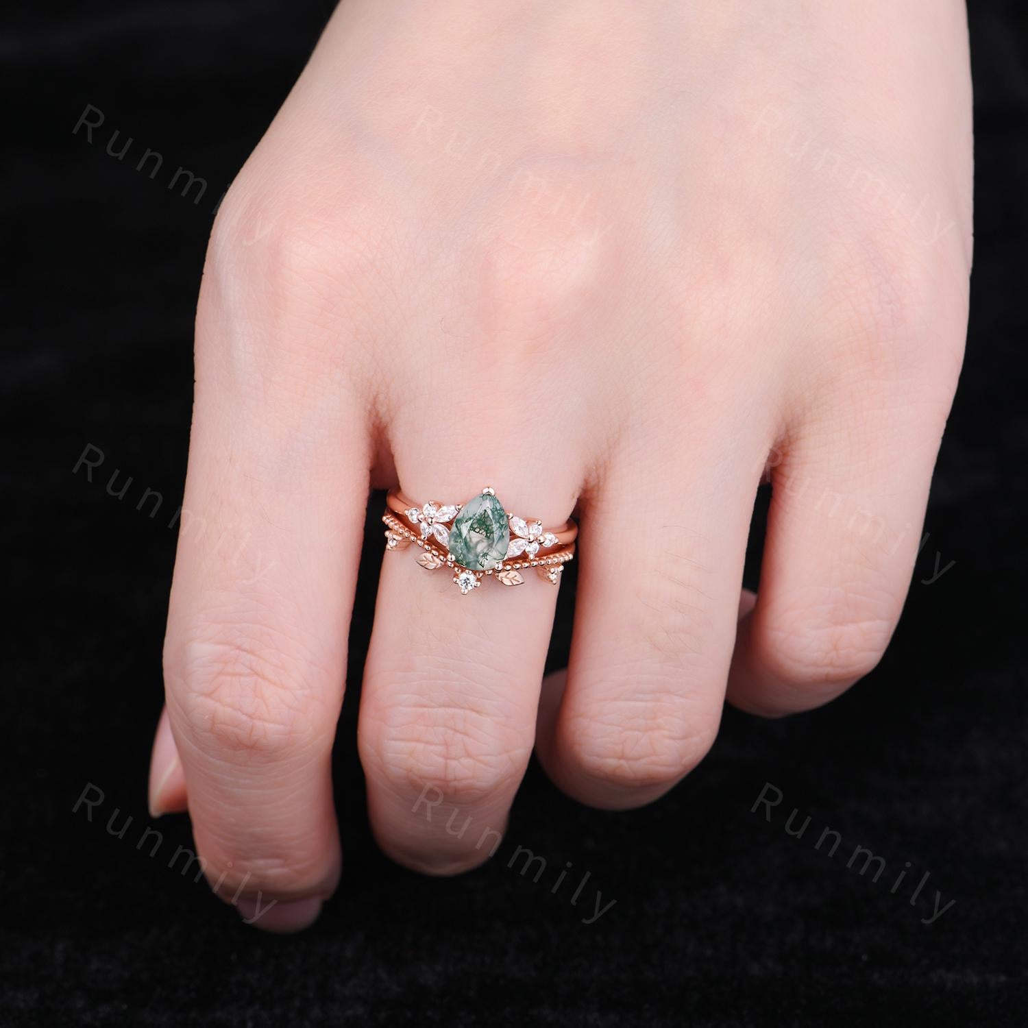 Vintage Moss Agate Engagement ring set Rose Gold Leaf Stacking Band Unique Teardrop Ring Curved Matching Band Diamond Bridal Promise Rings