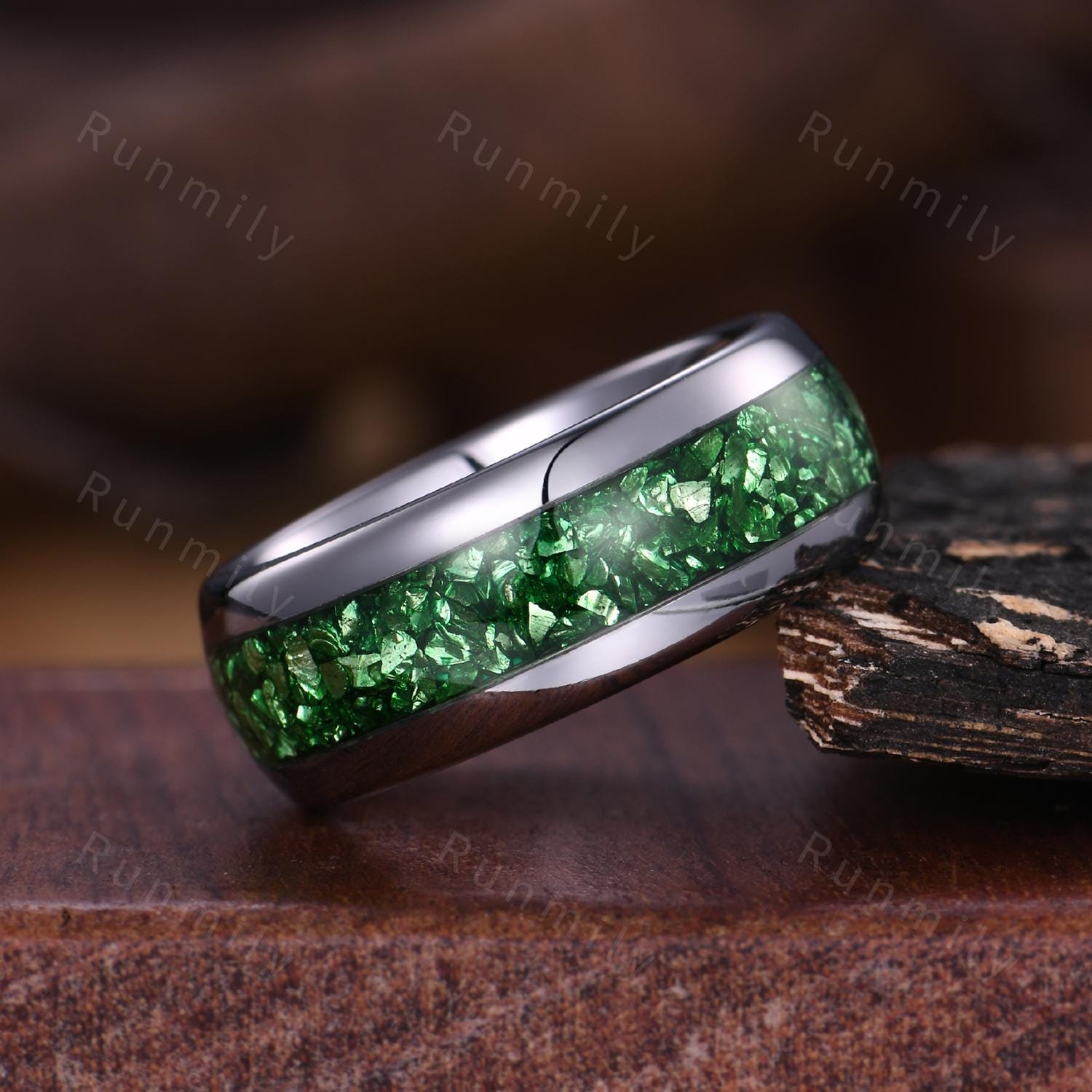 Emerald Tungsten Ring, Green Gemstone Wedding Band, Crushed Emerald Inlay Ring, 8MM Comfort Fit Band, Rose Gold Tungsten Ring, Gift For Him