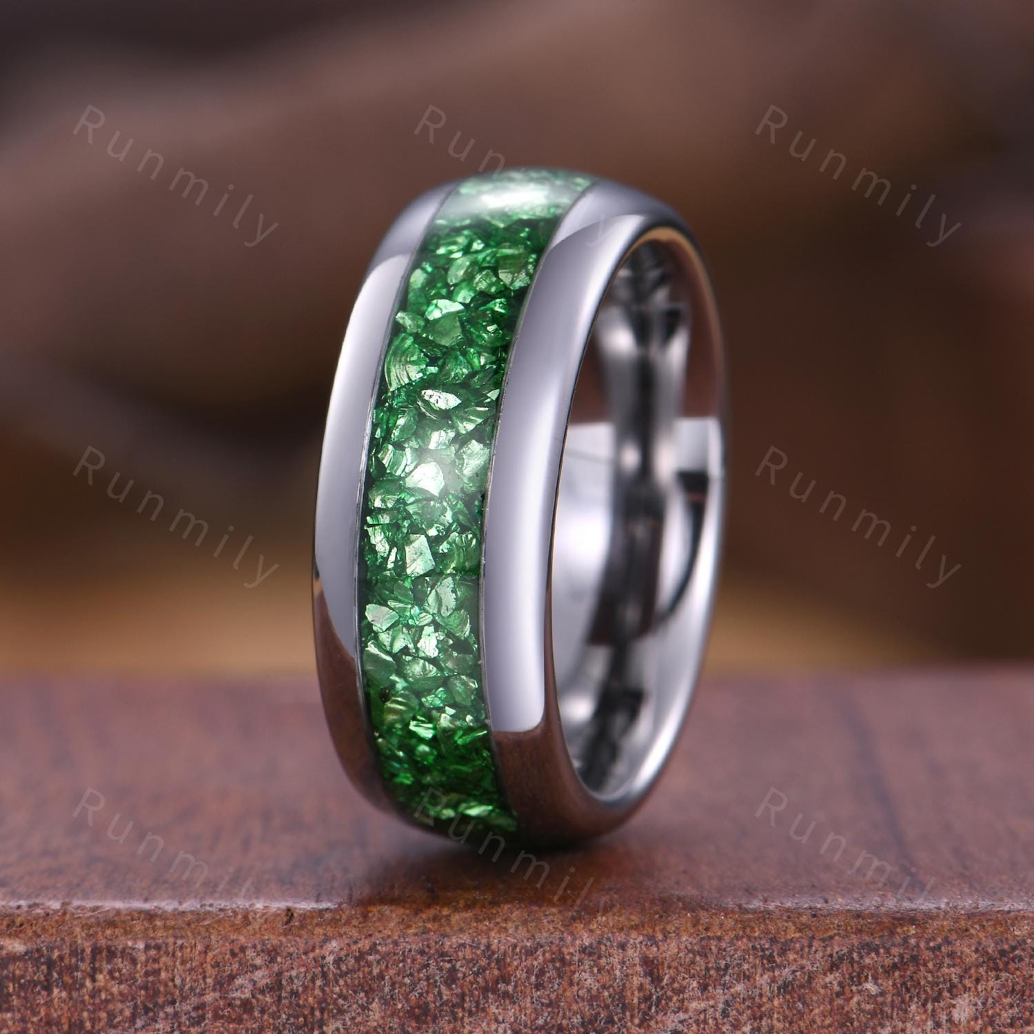 Emerald Tungsten Ring, Green Gemstone Wedding Band, Crushed Emerald Inlay Ring, 8MM Comfort Fit Band, Rose Gold Tungsten Ring, Gift For Him