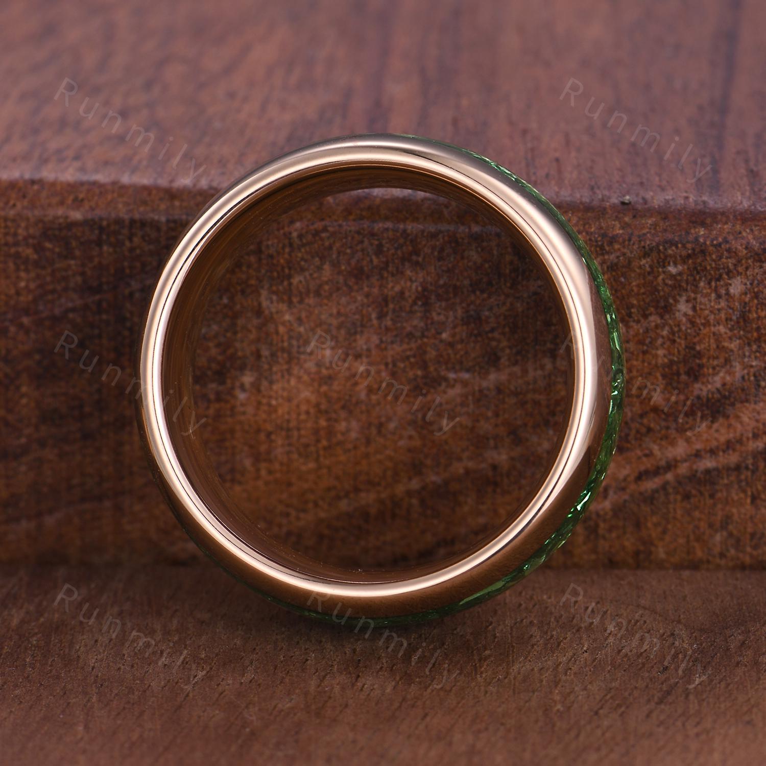 Emerald Tungsten Ring, Green Gemstone Wedding Band, Crushed Emerald Inlay Ring, 8MM Comfort Fit Band, Rose Gold Tungsten Ring, Gift For Him