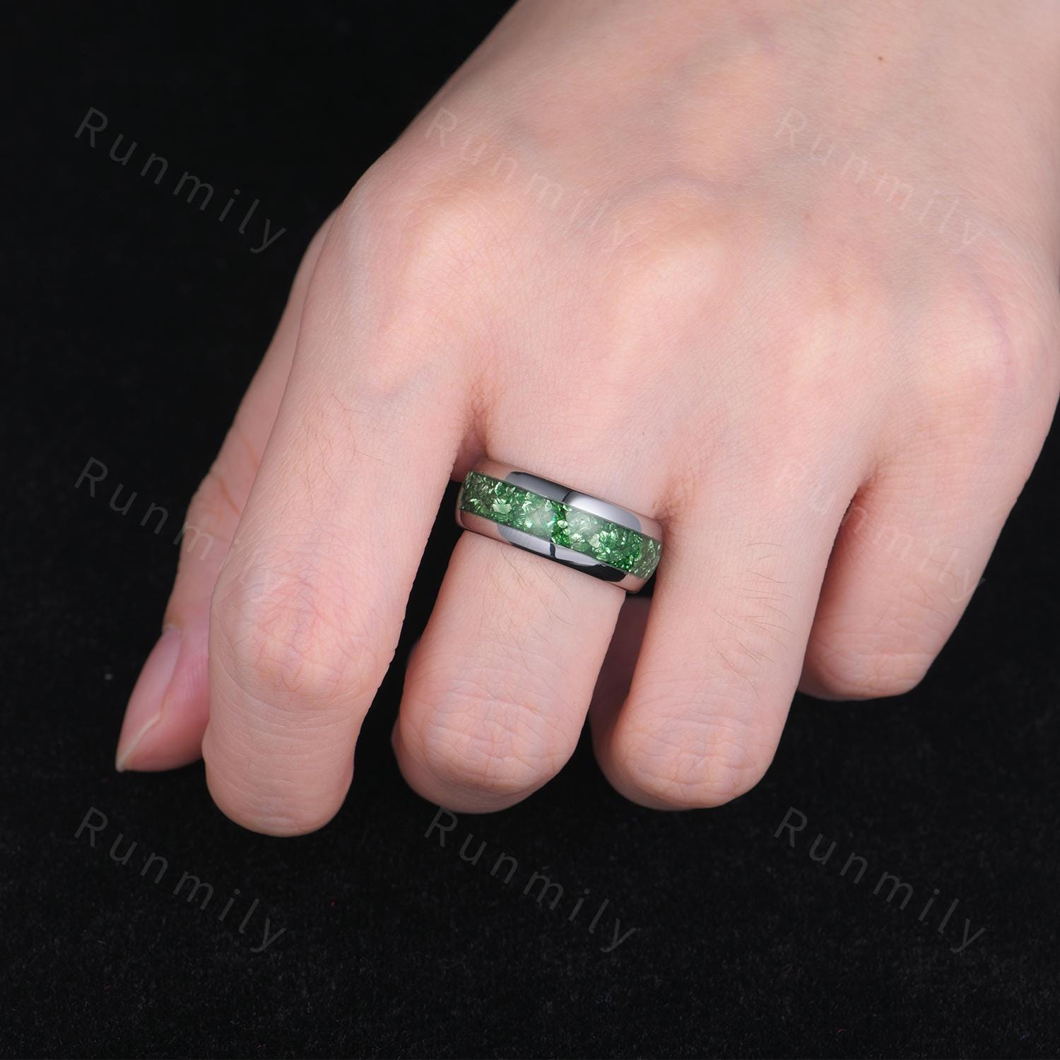 Crushed Emerald Men's Wedding Band, Silver Tungsten Ring, 8mm Men's Wedding Ring, Polished Dome Comfort Fit, Anniversary Gift for Him