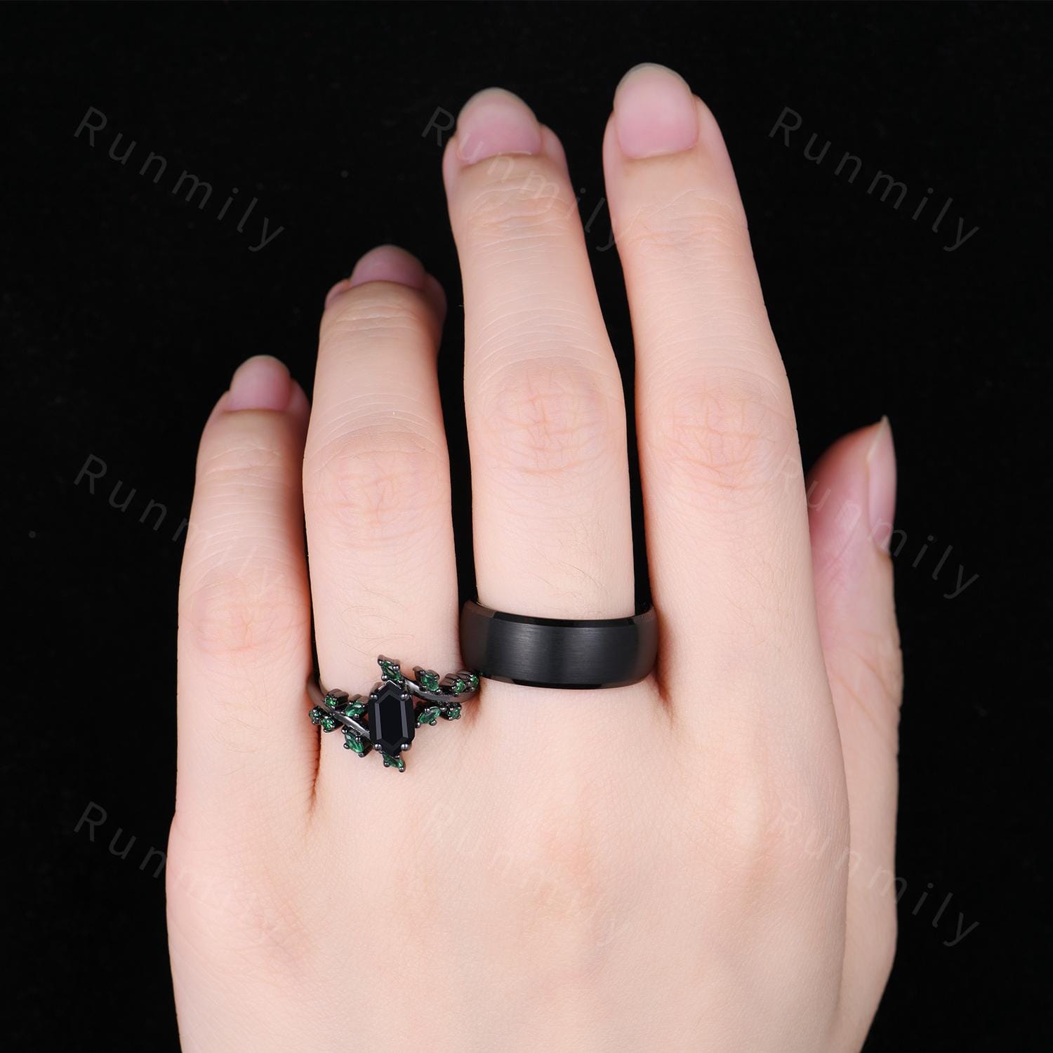 Black & Green Couples Ring Set Black Onyx Ring For Women Vintage Matching Ring Set Mens Tungsten Band Vintage Promise Rings For Couple