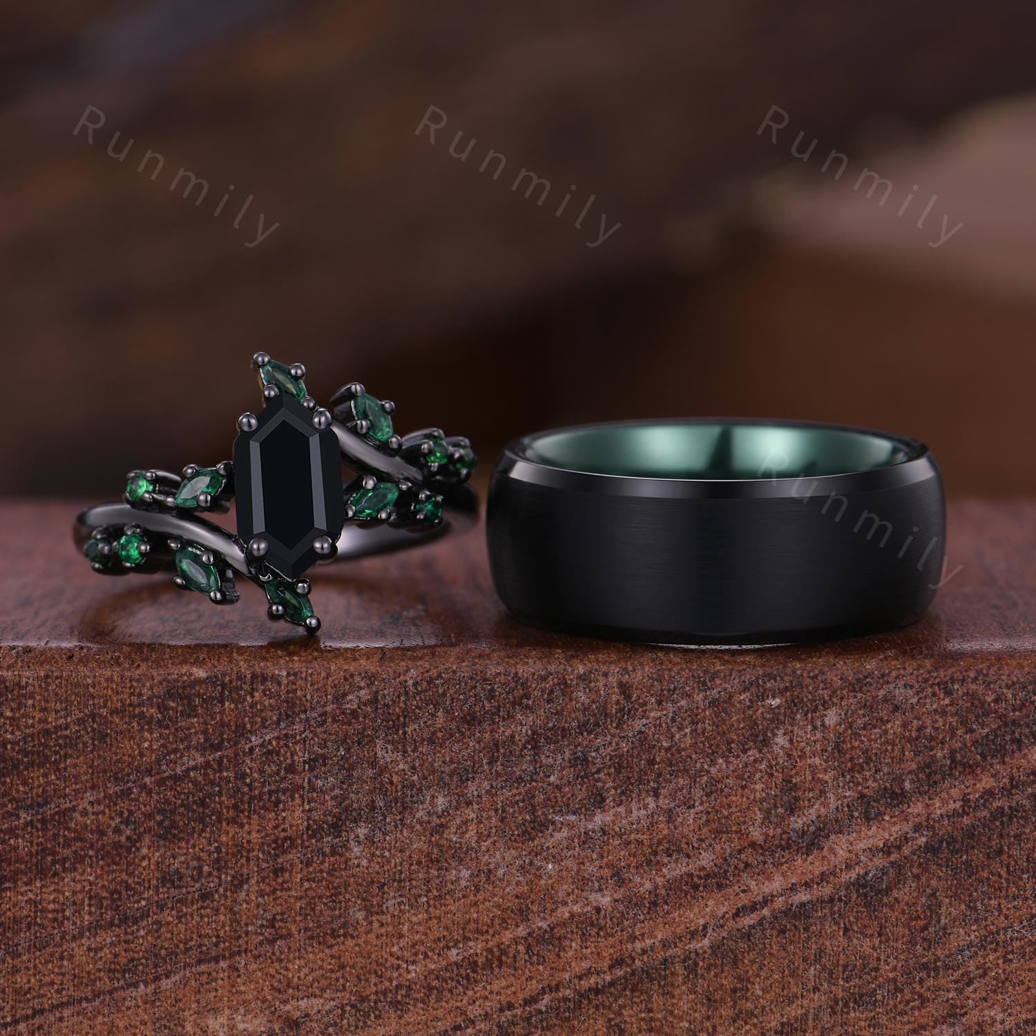 Black & Green Couples Ring Set Black Onyx Ring For Women Vintage Matching Ring Set Mens Tungsten Band Vintage Promise Rings For Couple