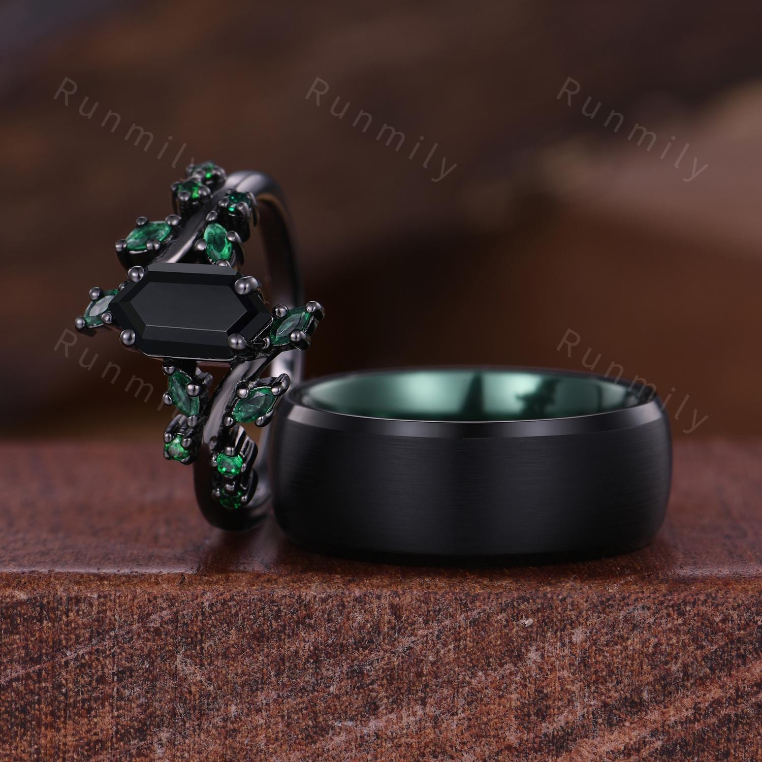 Black & Green Couples Ring Set Black Onyx Ring For Women Vintage Matching Ring Set Mens Tungsten Band Vintage Promise Rings For Couple
