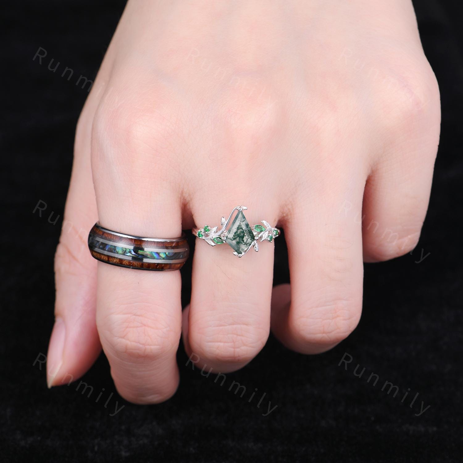 Natural Moss Agate Couples Ring Vintage Matching Promise Ring Set Twig Leaf Ring His and Hers Wedding Band Mens Wooden Ring Green Agate Ring