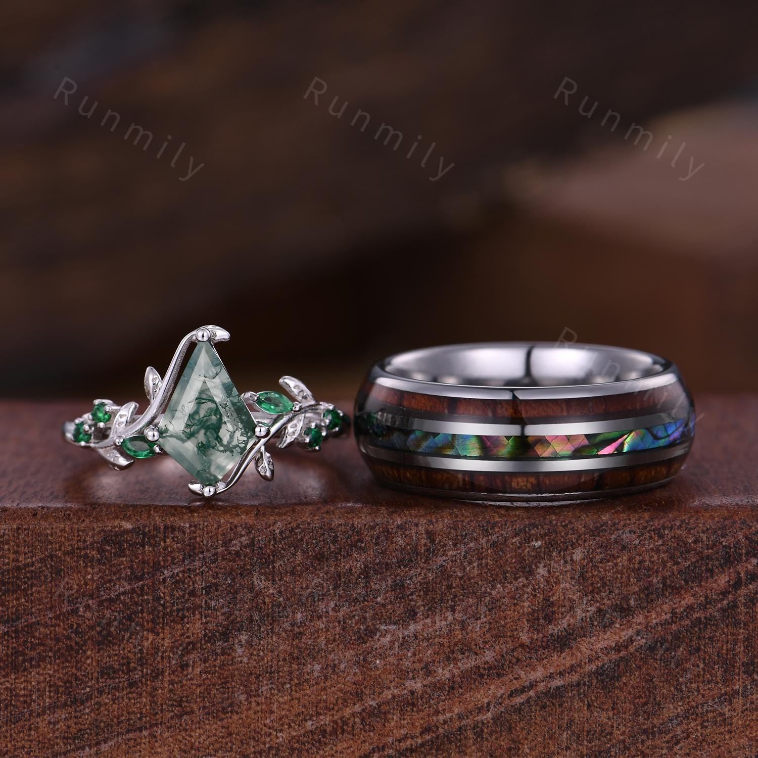 Natural Moss Agate Couples Ring Vintage Matching Promise Ring Set Twig Leaf Ring His and Hers Wedding Band Mens Wooden Ring Green Agate Ring