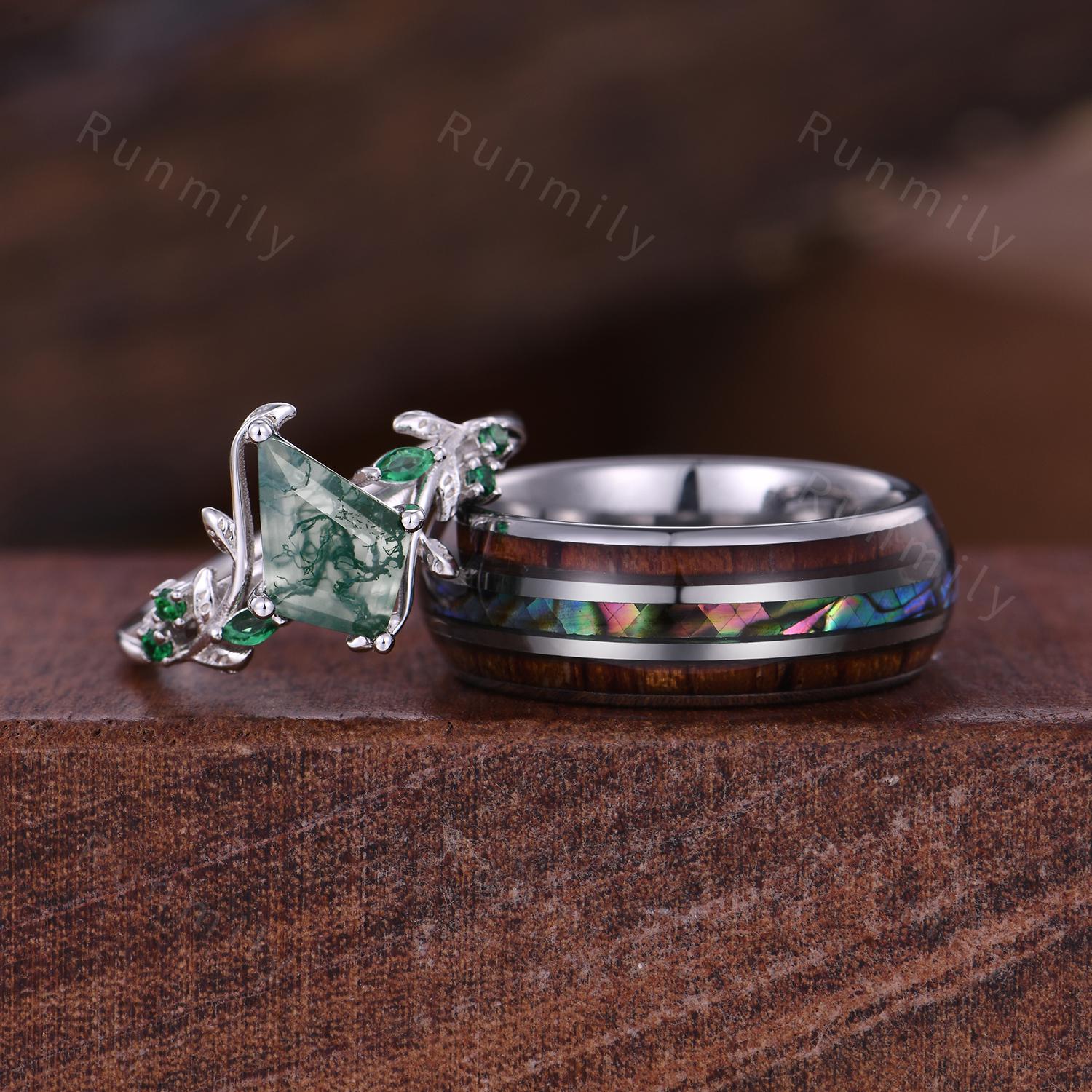 Natural Moss Agate Couples Ring Vintage Matching Promise Ring Set Twig Leaf Ring His and Hers Wedding Band Mens Wooden Ring Green Agate Ring