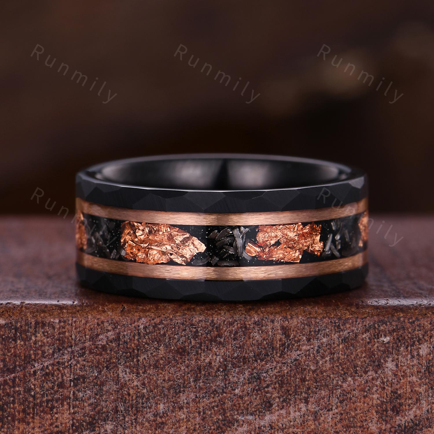 Coffin cut black onyx engagement ring rose gold couples ring set Twisted leaf ring His and Hers wedding band Black Tungsten ring for Husband