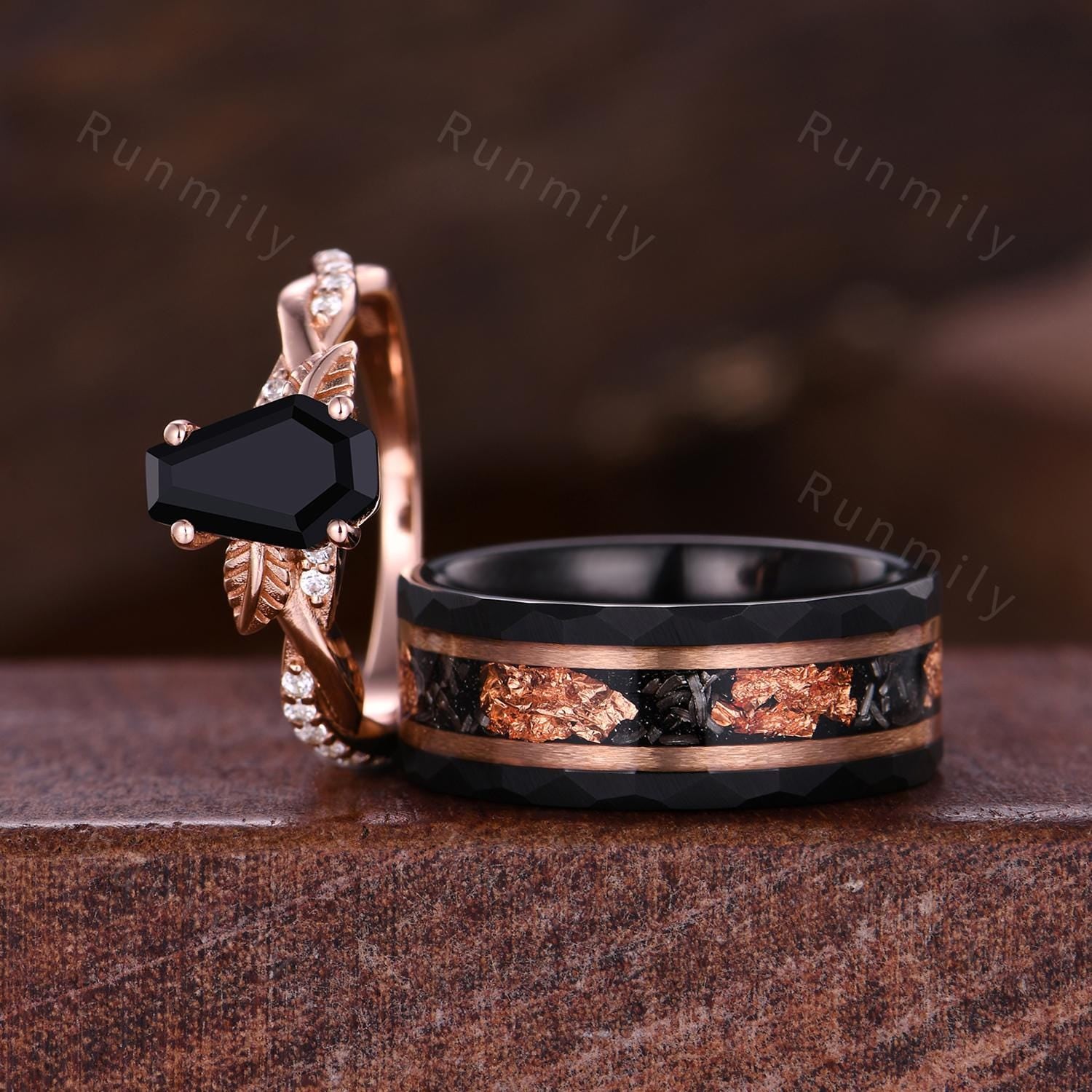 Coffin cut black onyx engagement ring rose gold couples ring set Twisted leaf ring His and Hers wedding band Black Tungsten ring for Husband