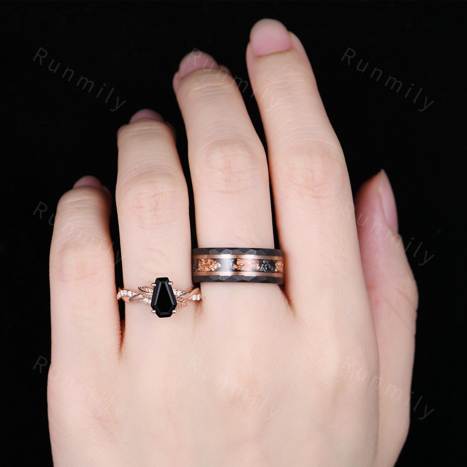 Coffin cut black onyx engagement ring rose gold couples ring set Twisted leaf ring His and Hers wedding band Black Tungsten ring for Husband
