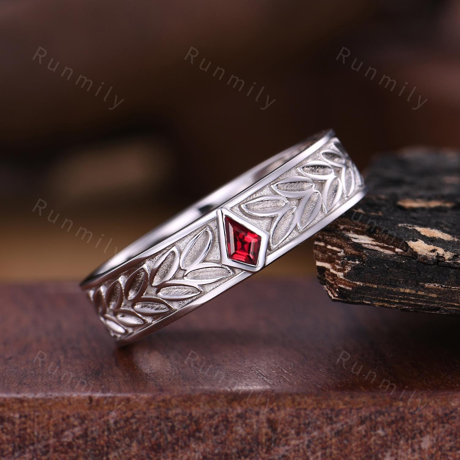 Mens Garnet Wedding Band Unique Kite cut Wedding Band For Mens Red Garnet Ring His Engagement Ring Band Leaf-Inspired Ring