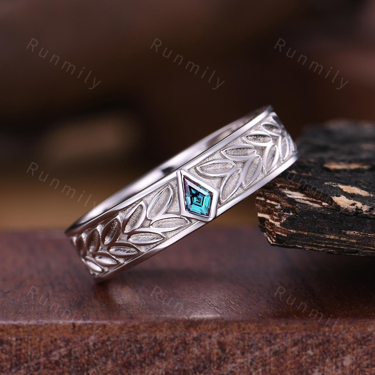Leaf-Inspired Alexandrite Wedding Band Unique Kite cut Wedding Band Mens 5mm Ring His Engagement Ring Band June Birthstone Gift For Husband