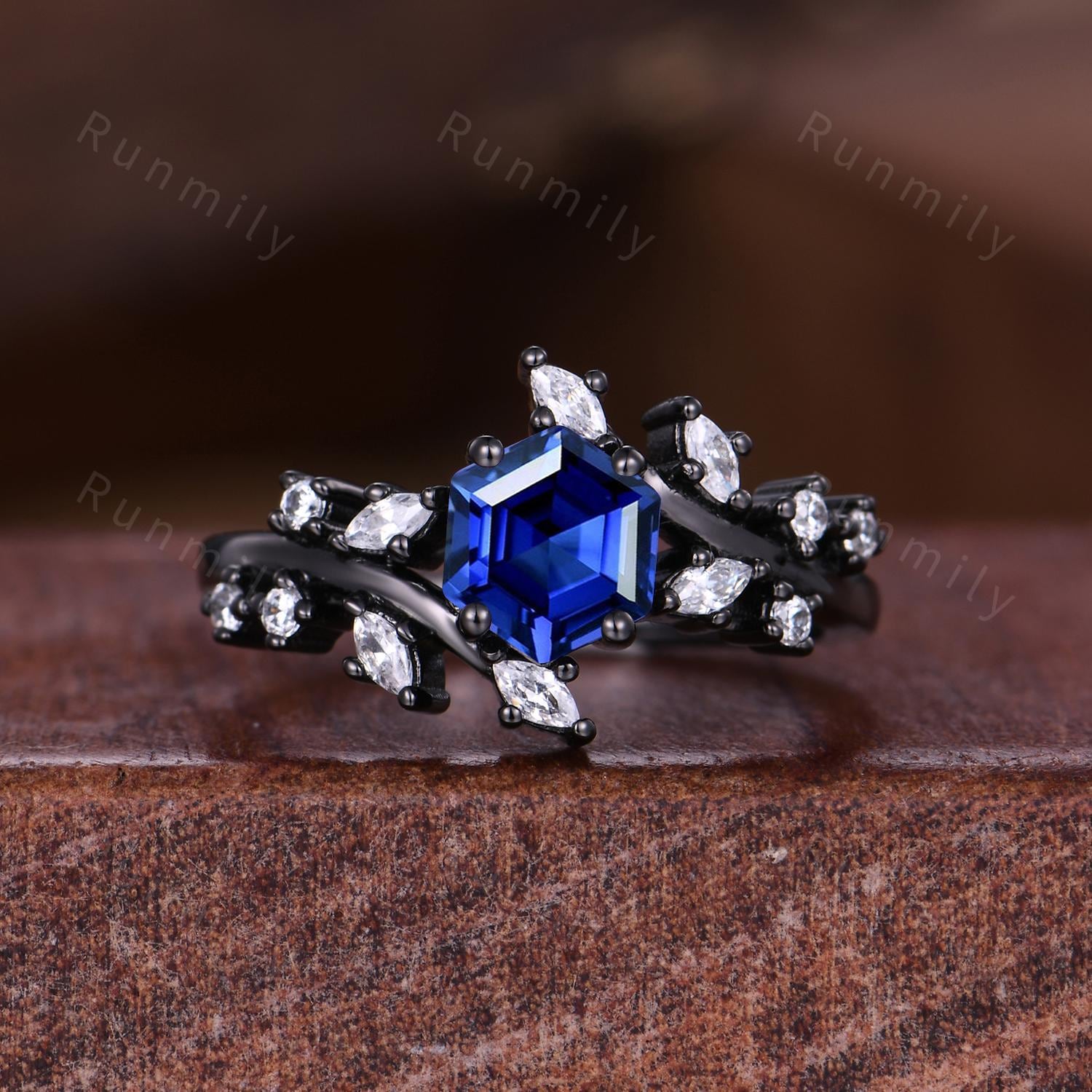 Twig Blue Sapphire Couples Ring Gothic Black Gold Matching Ring Set His and Hers Wedding Band Orion Nebula Promise Rings Diamond Branch Ring