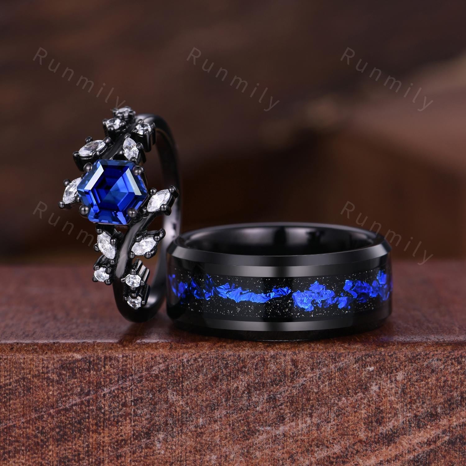 Twig Blue Sapphire Couples Ring Gothic Black Gold Matching Ring Set His and Hers Wedding Band Orion Nebula Promise Rings Diamond Branch Ring