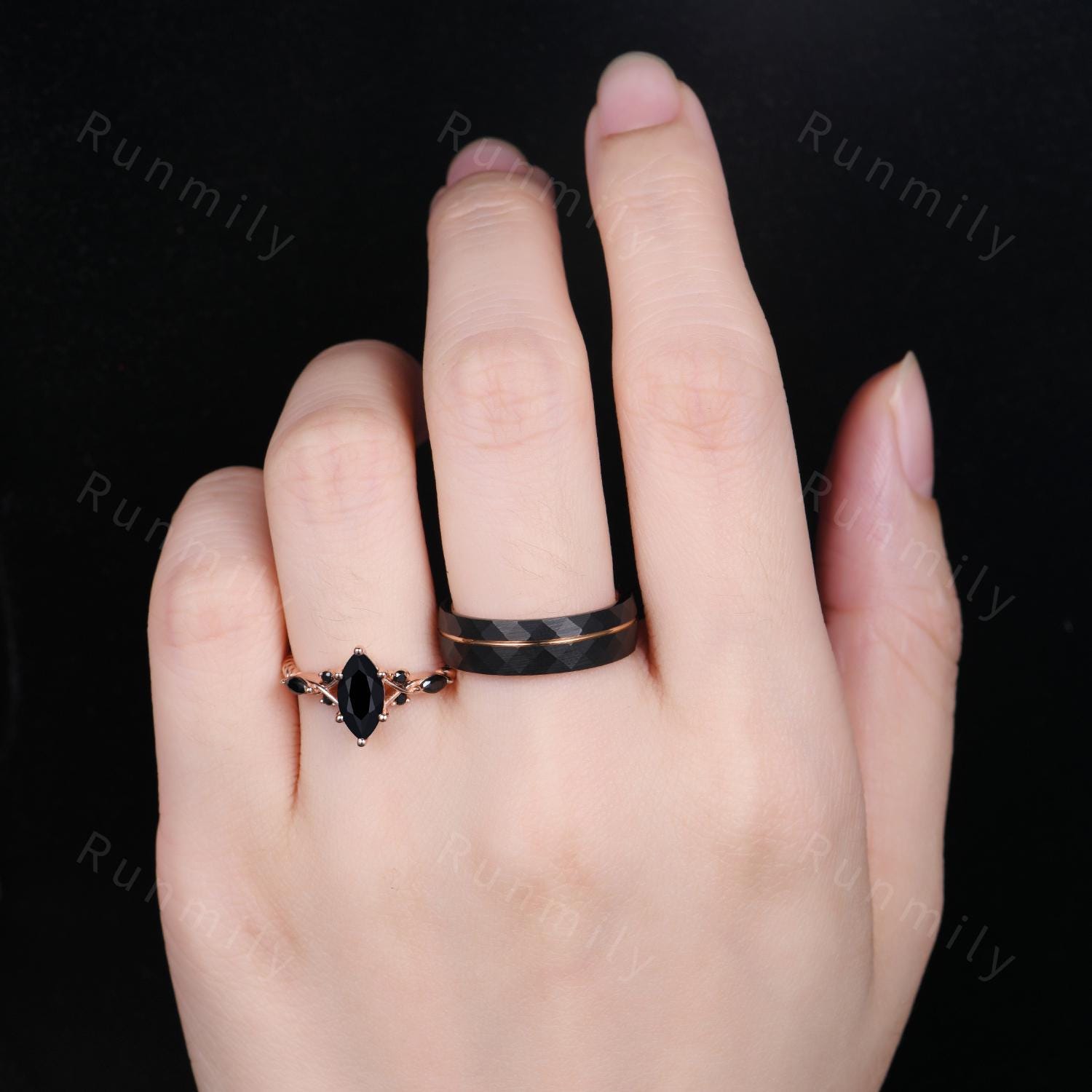 Marquise cut Black Onyx Couples Ring Rose Gold Matching Ring Set His and Hers Wedding Band Promise Ring For Couple Natural Black Gem Rings