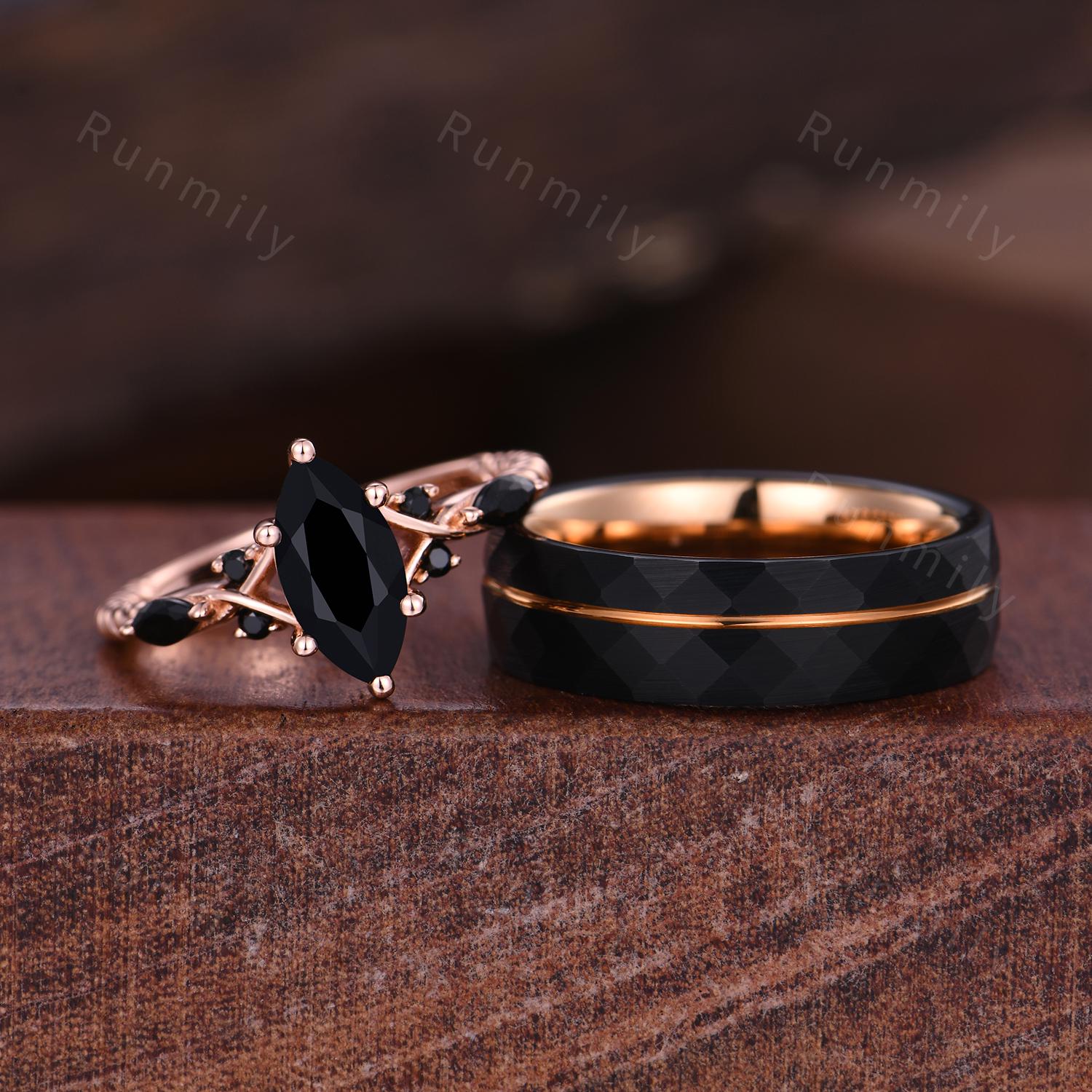 Marquise cut Black Onyx Couples Ring Rose Gold Matching Ring Set His and Hers Wedding Band Promise Ring For Couple Natural Black Gem Rings