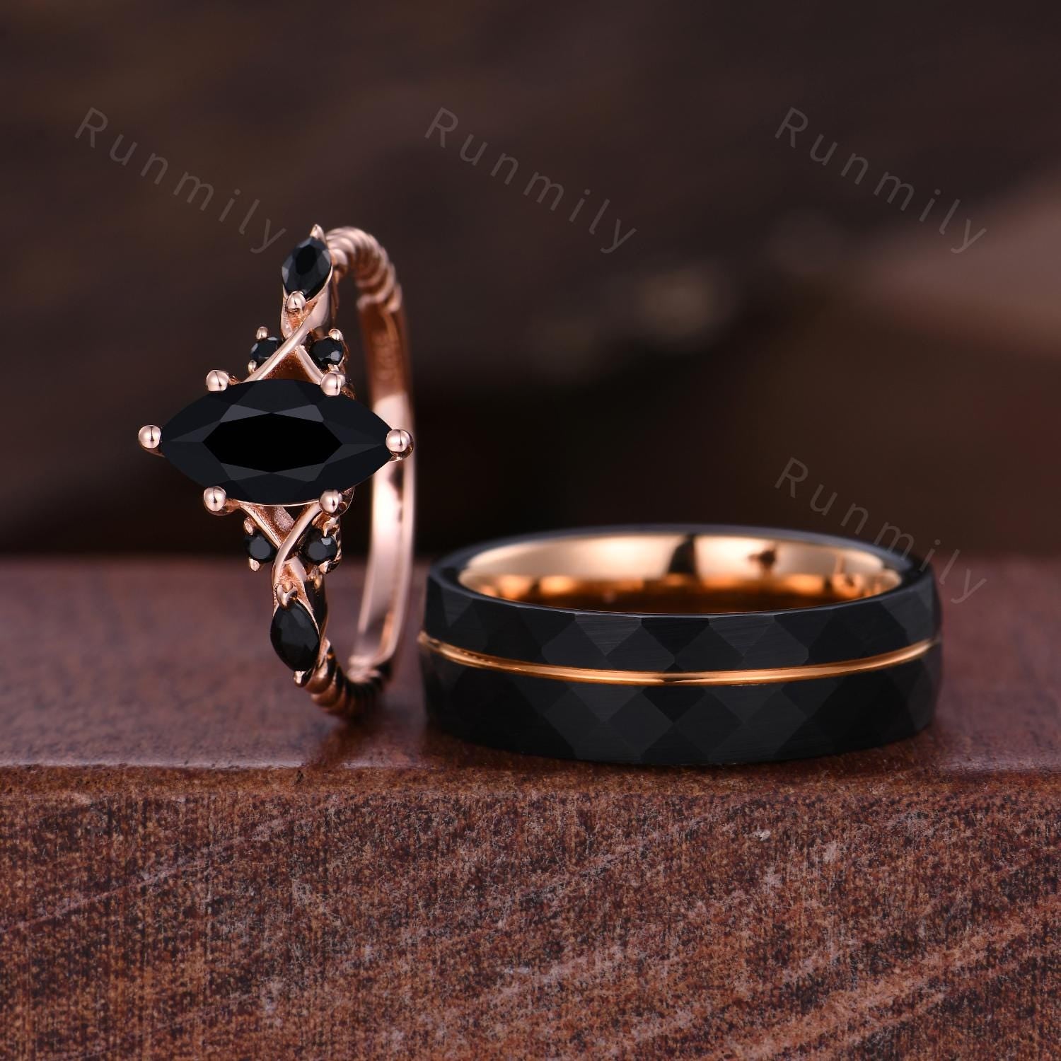 Marquise cut Black Onyx Couples Ring Rose Gold Matching Ring Set His and Hers Wedding Band Promise Ring For Couple Natural Black Gem Rings