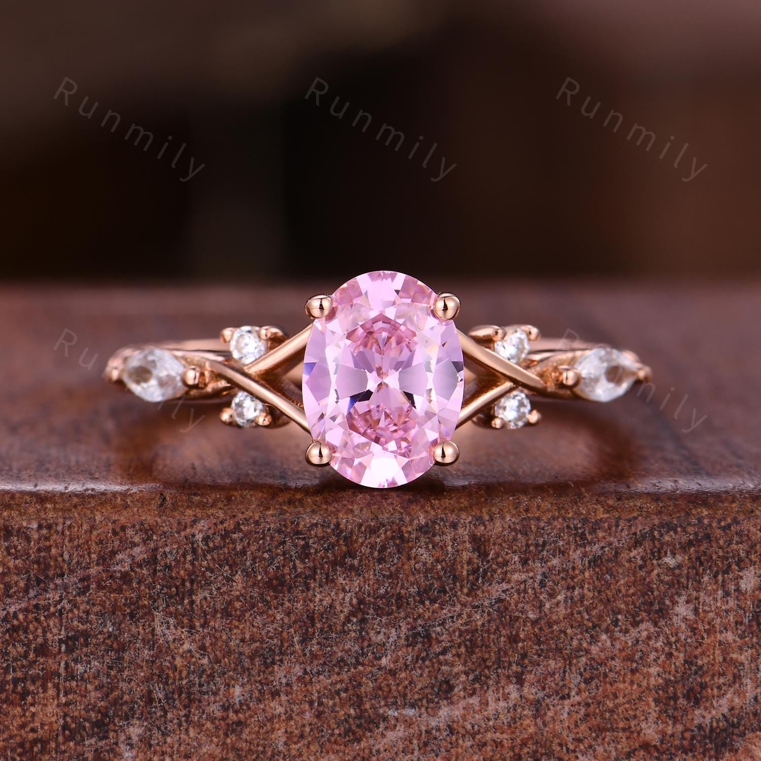 Simulated Pink Diamond Couples Rings, Oval Pink Diamond Rings for Women, His And Hers Wedding Band, Mens Rose Gold Tungsten Ring, Pink Gems