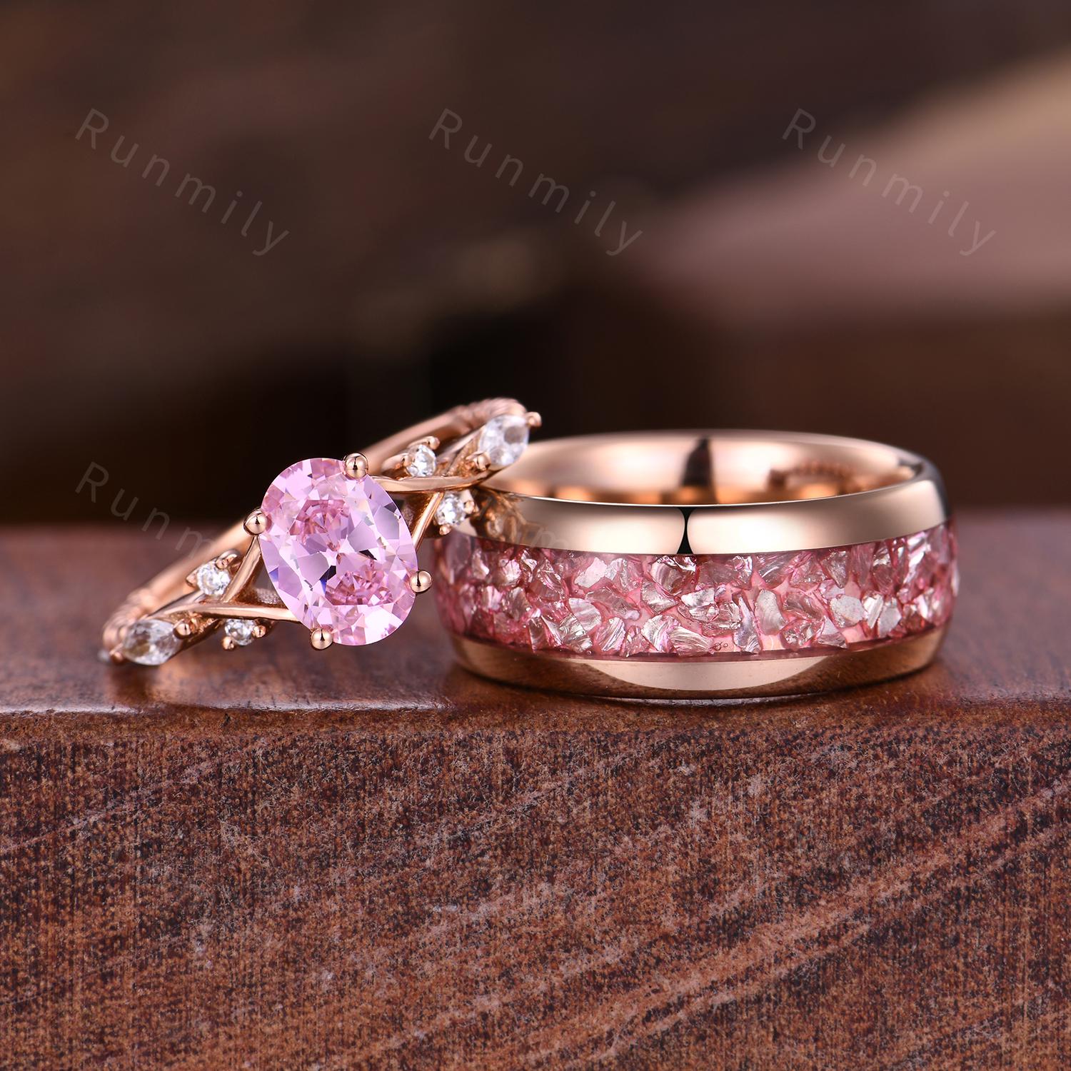 Simulated Pink Diamond Couples Rings, Oval Pink Diamond Rings for Women, His And Hers Wedding Band, Mens Rose Gold Tungsten Ring, Pink Gems