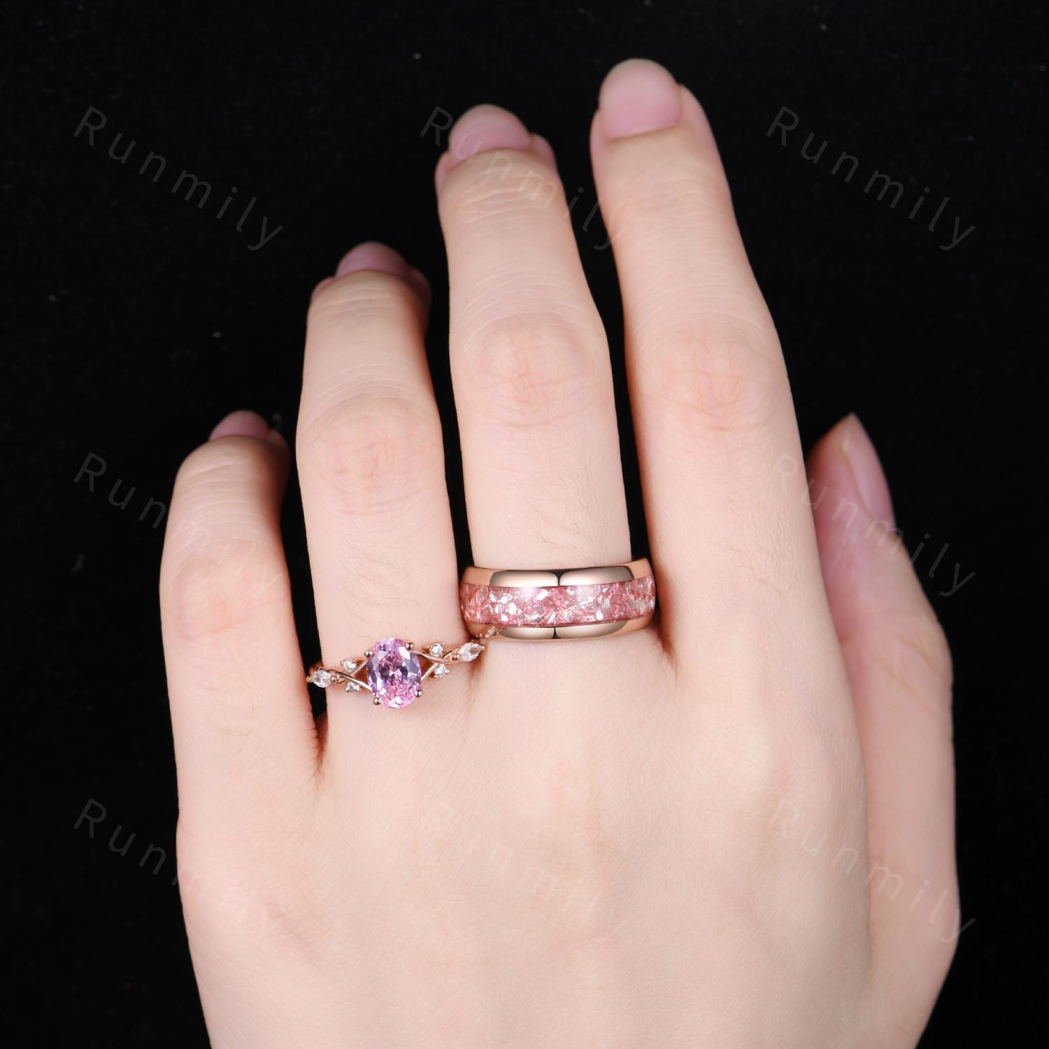 Simulated Pink Diamond Couples Rings, Oval Pink Diamond Rings for Women, His And Hers Wedding Band, Mens Rose Gold Tungsten Ring, Pink Gems