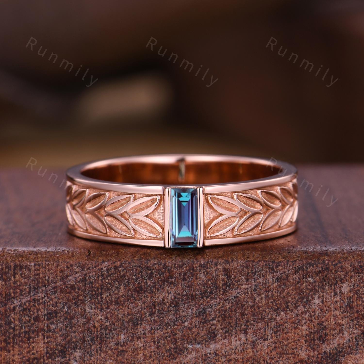 Baguette cut Alexandrite Wedding Band 5mm Mens Wedding Band Color Changing Stone Ring His Engagement Ring Band Leaf Style Ring Stacking Band