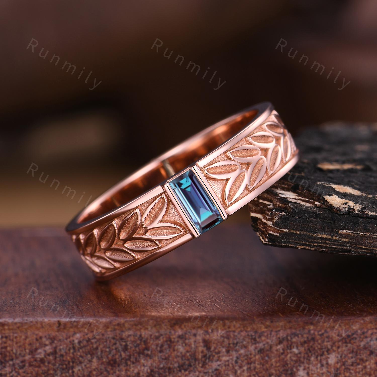 Baguette cut Alexandrite Wedding Band 5mm Mens Wedding Band Color Changing Stone Ring His Engagement Ring Band Leaf Style Ring Stacking Band