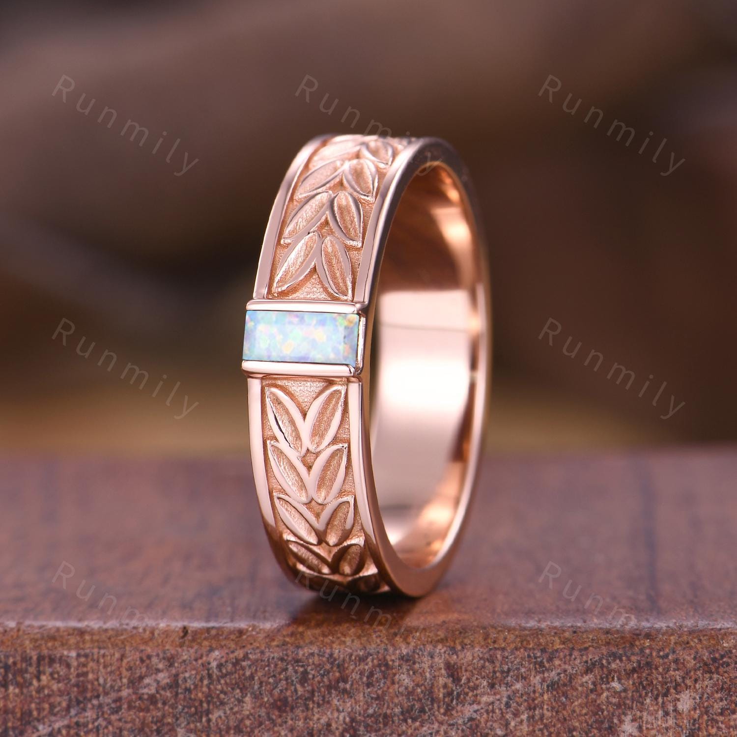 Mens White Opal Wedding Band Baguette Cut Opal Band 5mm Rose Gold Ring Mens Vine Leaf Stacking Matching Band Retro Vintage Ring Gift for Him