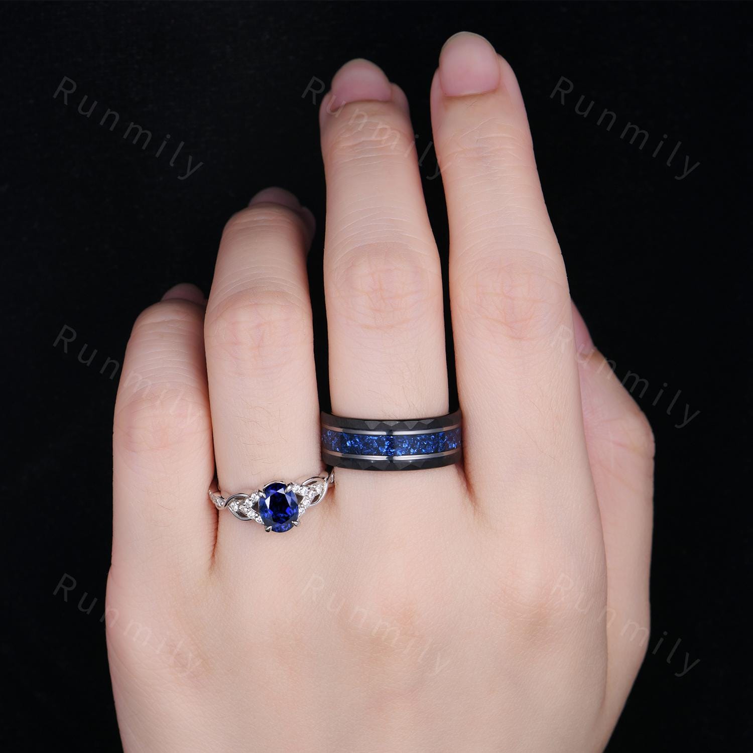 Blue Nebula Ring Set, Kite Sapphire Couple Promise Rings, His and Hers Wedding Band, Mens Crushed Sapphire Ring, September Birthstone Rings