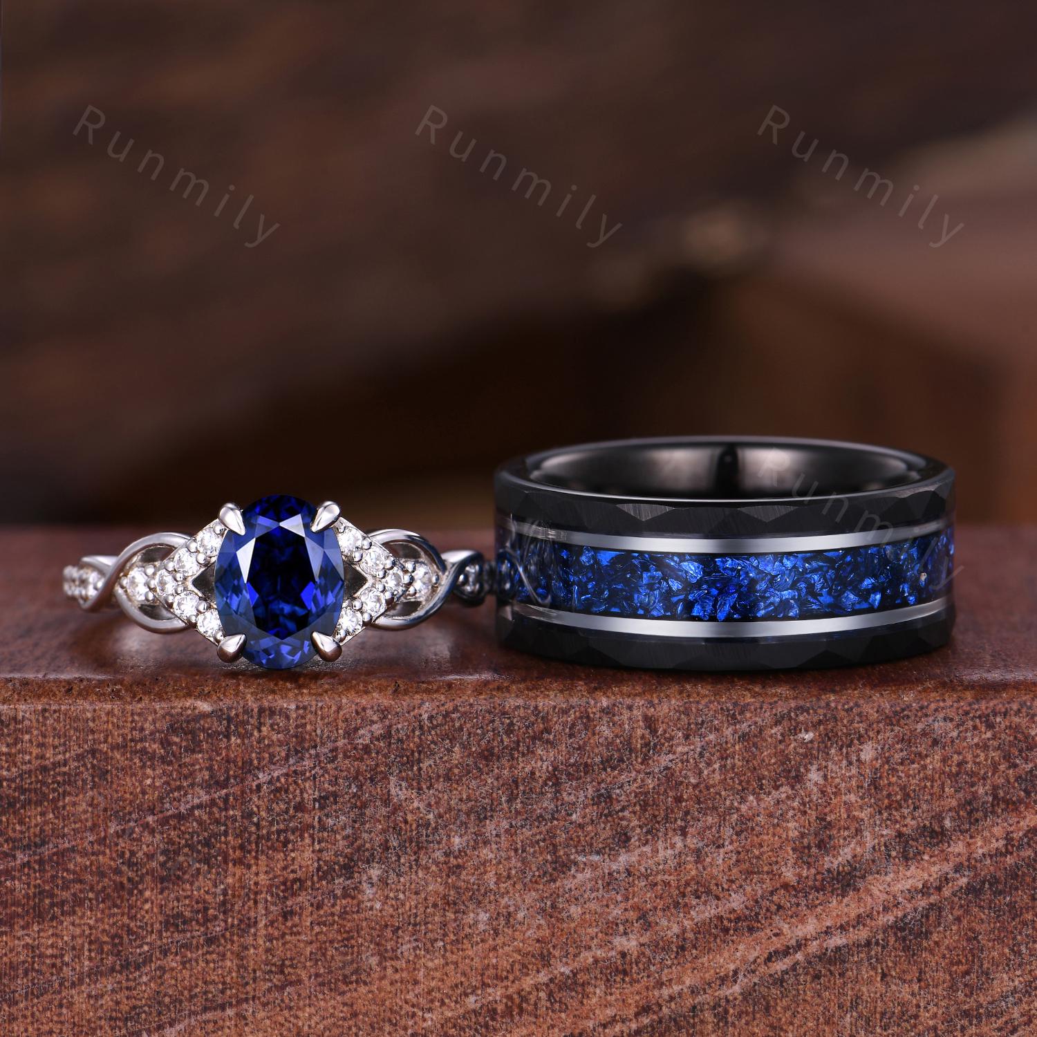 Orion Nebula Ring Set, His and Hers Wedding Band, Mens Crushed Sapphire Ring, Blue Sapphire Matching Couples Ring, September Birthstone Ring