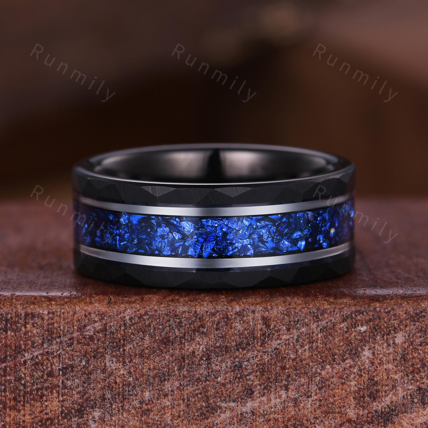 Orion Nebula Ring Set, His and Hers Wedding Band, Mens Crushed Sapphire Ring, Blue Sapphire Matching Couples Ring, September Birthstone Ring