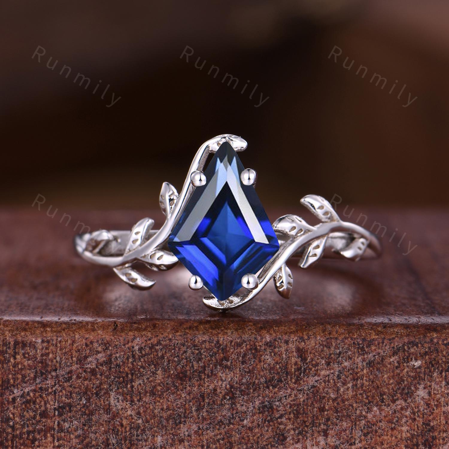 Kite cut Blue Sapphire Ring Silver His and Her Wedding Band Blue Sapphire Matching Ring Set Twig Leaf Style Ring September Rings for Couple