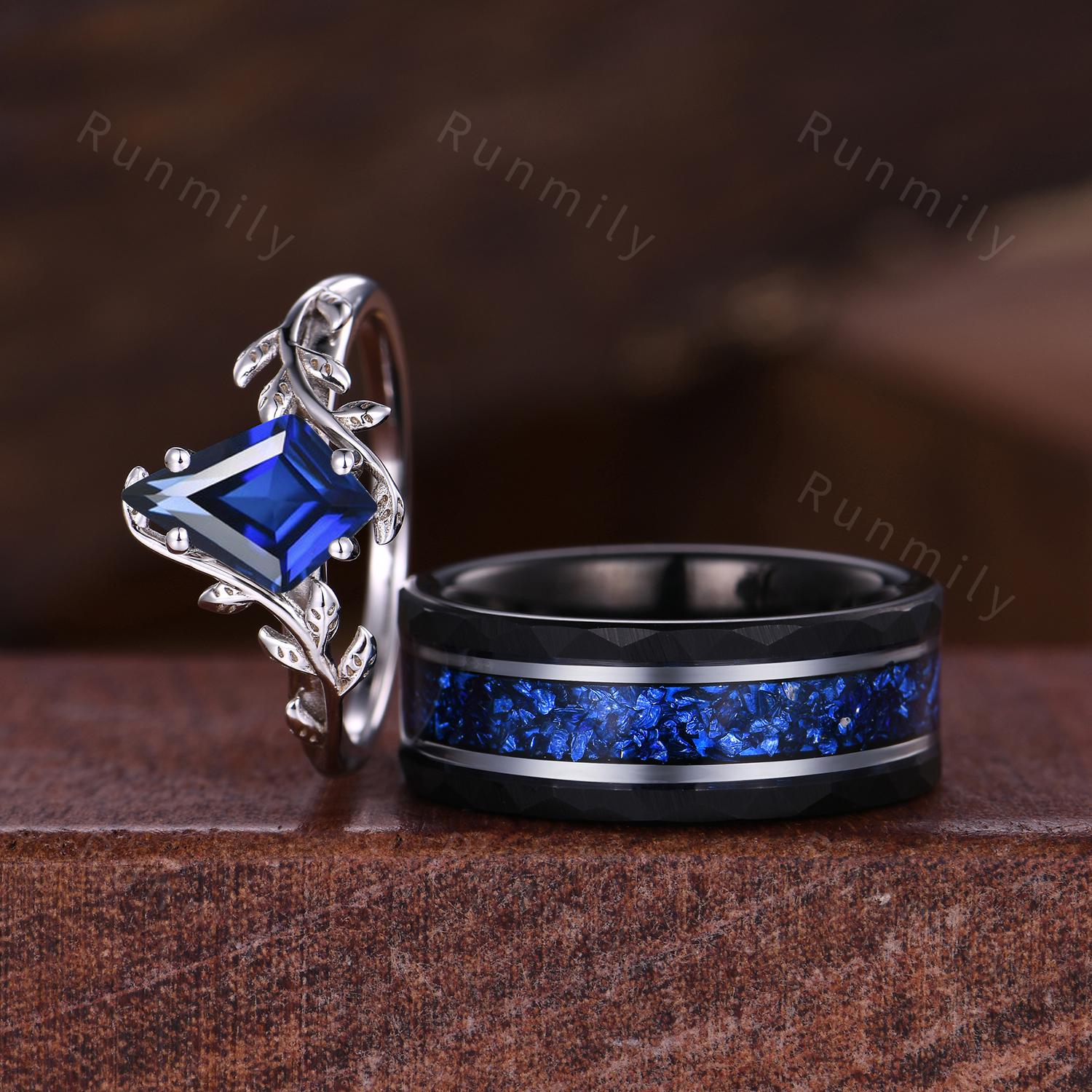 Kite cut Blue Sapphire Ring Silver His and Her Wedding Band Blue Sapphire Matching Ring Set Twig Leaf Style Ring September Rings for Couple