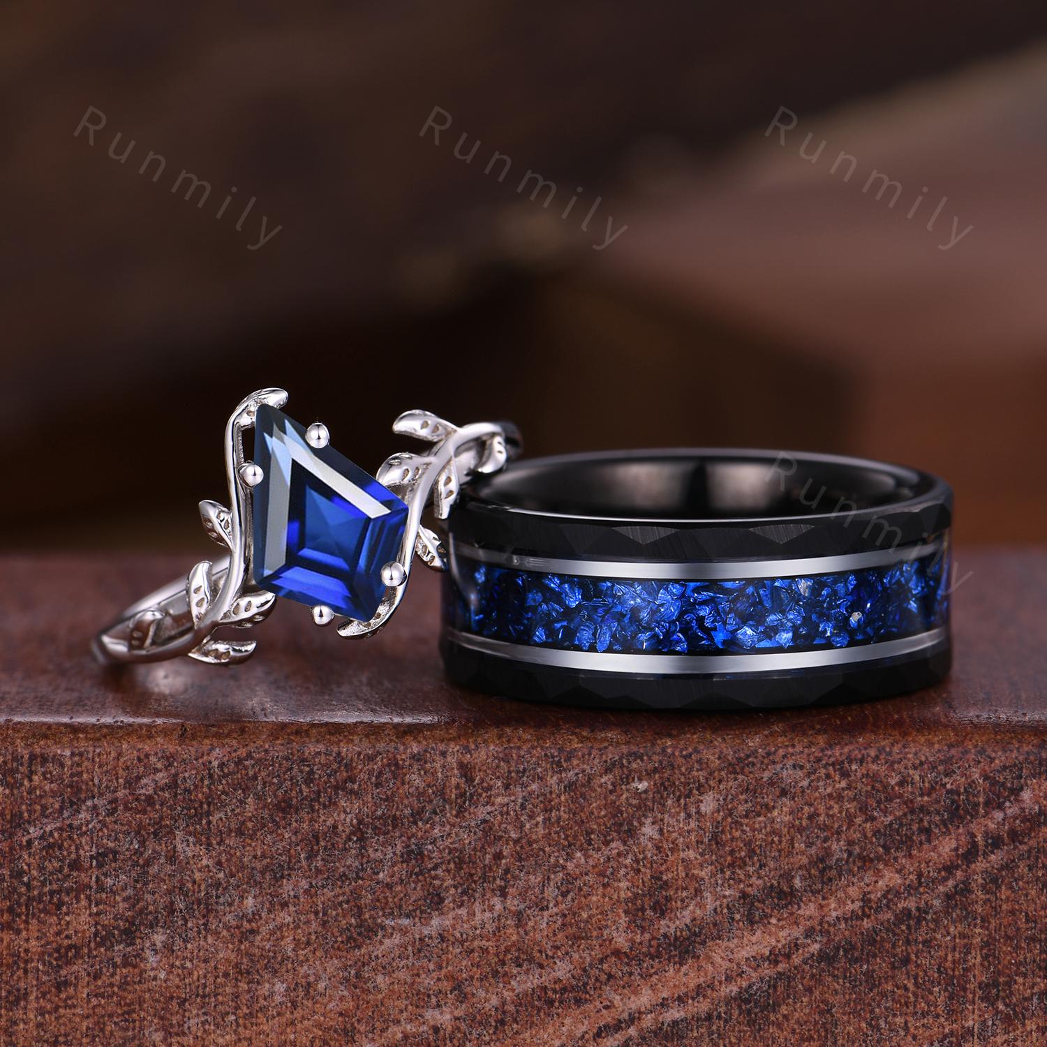 Kite cut Blue Sapphire Ring Silver His and Her Wedding Band Blue Sapphire Matching Ring Set Twig Leaf Style Ring September Rings for Couple