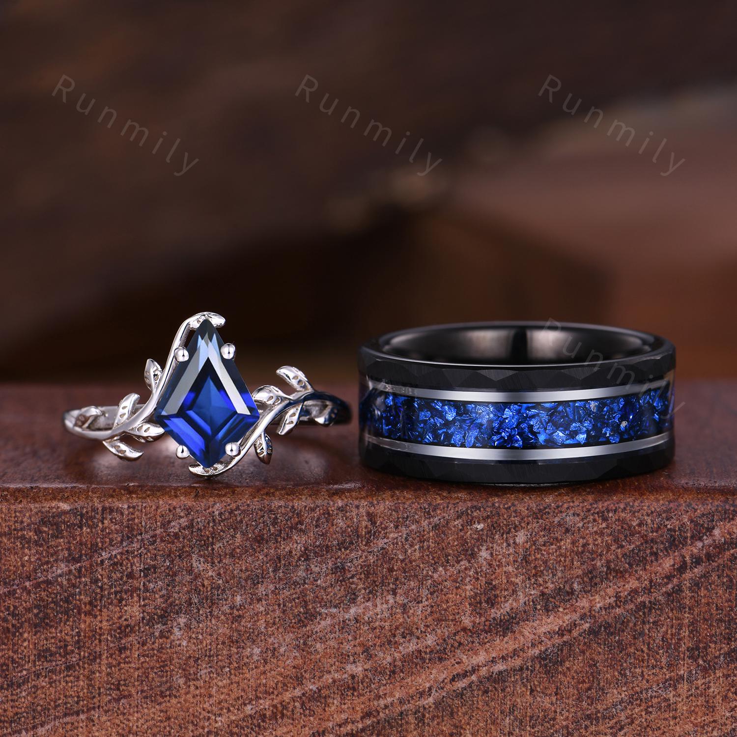 Kite cut Blue Sapphire Ring Silver His and Her Wedding Band Blue Sapphire Matching Ring Set Twig Leaf Style Ring September Rings for Couple