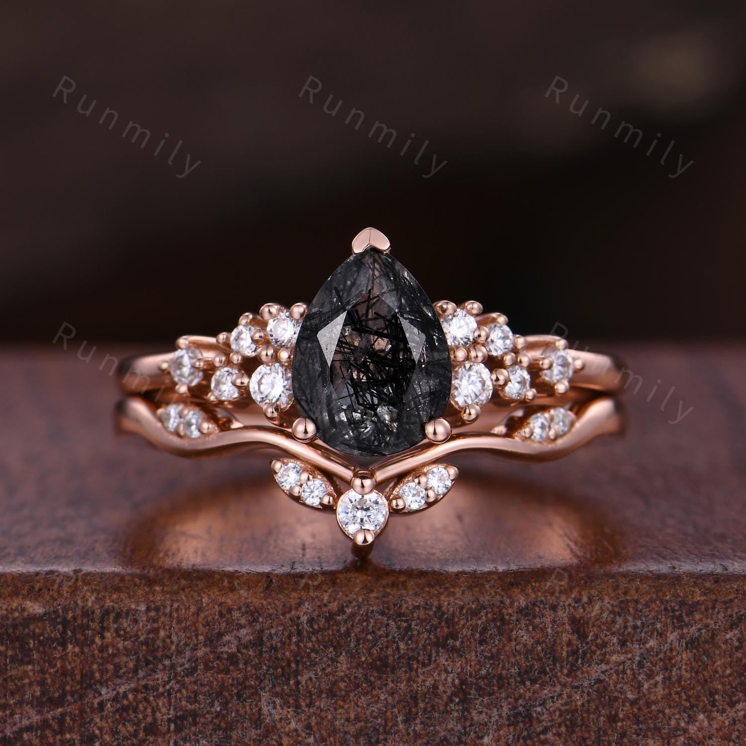 Vintage Black Rutilated Quartz Engagement Ring Set Rose Gold & Tungsten Couples Ring His and Hers Wedding Band Anniversary Gift for Couple