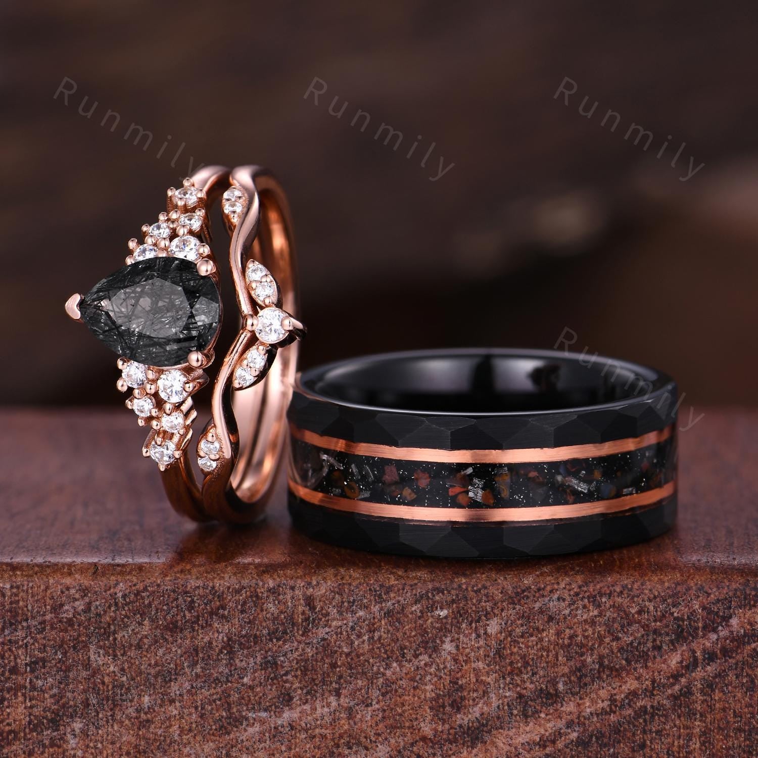 Vintage Black Rutilated Quartz Engagement Ring Set Rose Gold & Tungsten Couples Ring His and Hers Wedding Band Anniversary Gift for Couple