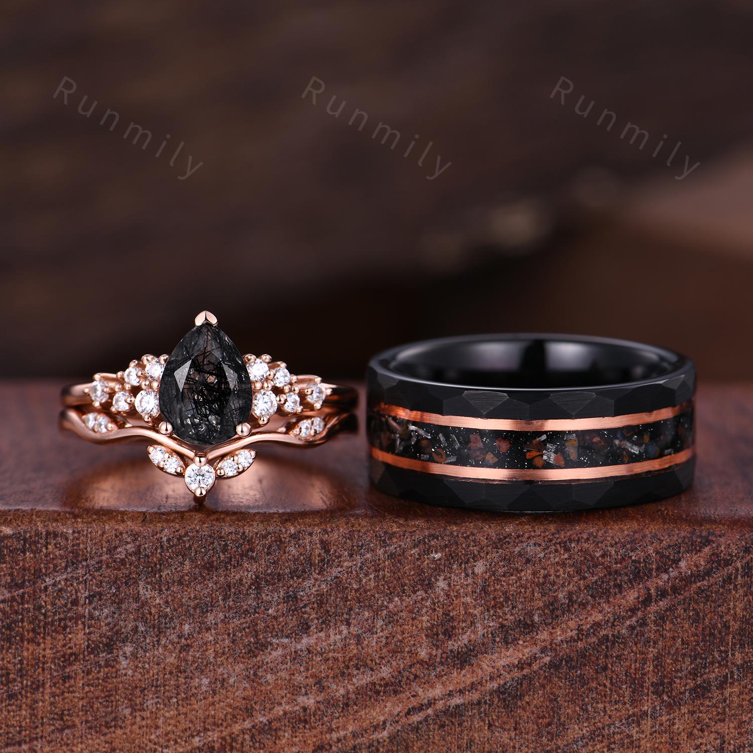 Vintage Black Rutilated Quartz Engagement Ring Set Rose Gold & Tungsten Couples Ring His and Hers Wedding Band Anniversary Gift for Couple