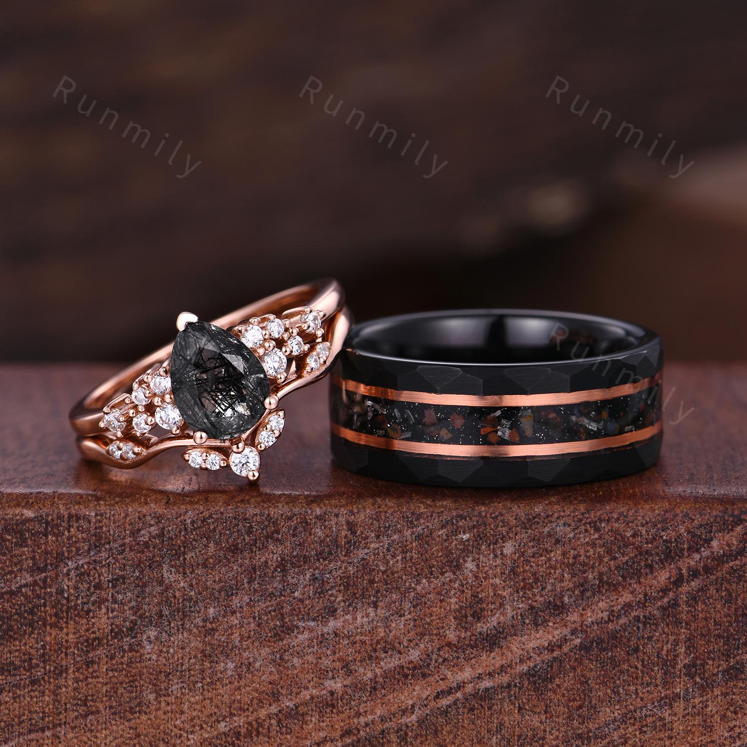 Vintage Black Rutilated Quartz Engagement Ring Set Rose Gold & Tungsten Couples Ring His and Hers Wedding Band Anniversary Gift for Couple