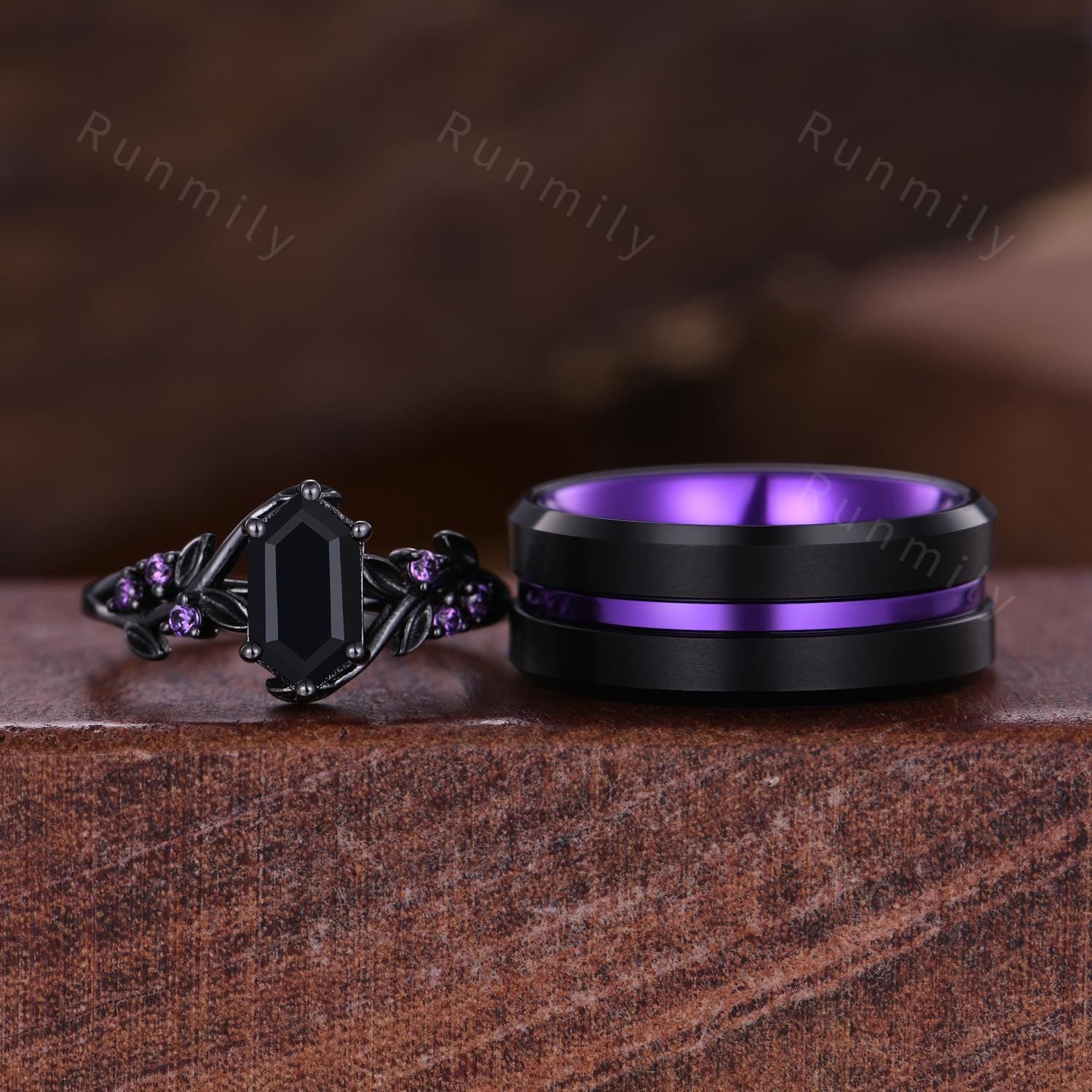 Black Onyx and Amethyst Couple Ring Set Gothic Black Gold Rings His and Hers Wedding Band Men's Tungsten Ring Branch Leaf Ring Purple Ring