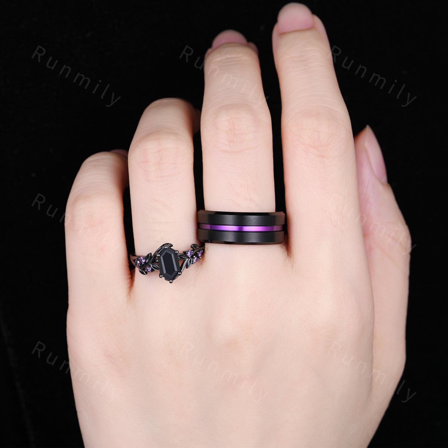 Black Onyx and Amethyst Couple Ring Set Gothic Black Gold Rings His and Hers Wedding Band Men's Tungsten Ring Branch Leaf Ring Purple Ring