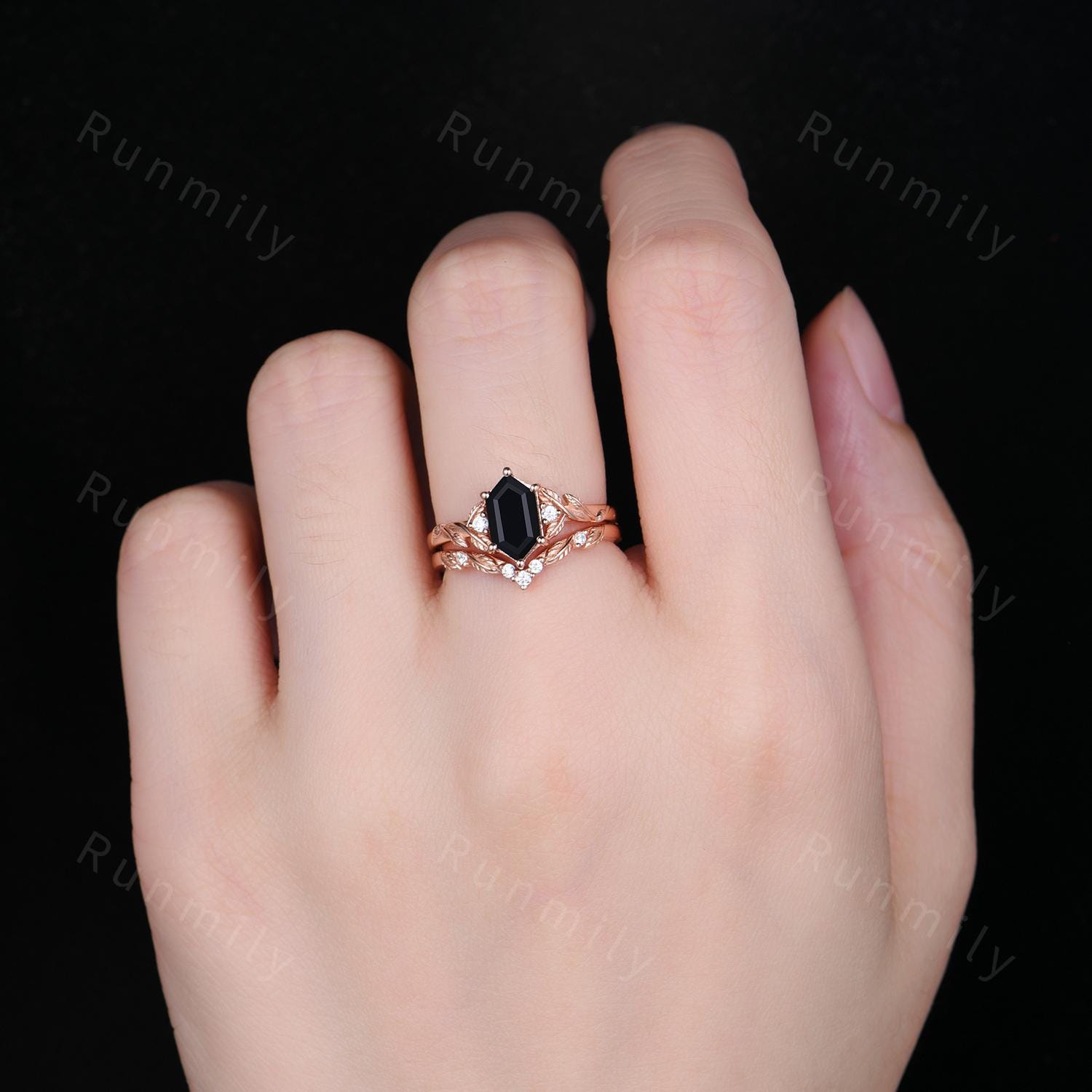 Nature Inspired Black Onyx Engagement ring set Vintage curved stacking wedding band Rose gold leaf style Bridal set Anniversary ring gifts