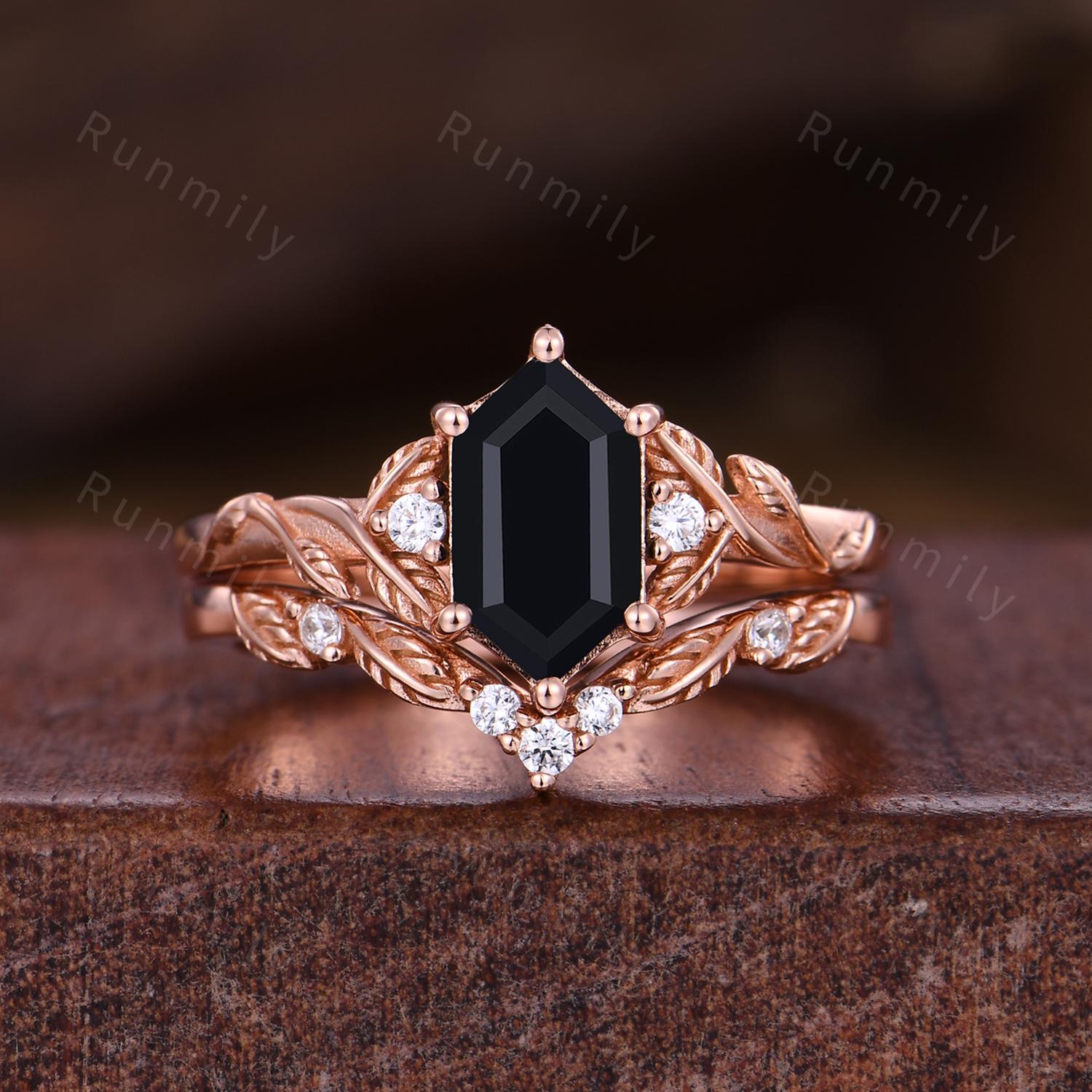 Nature Inspired Black Onyx Engagement ring set Vintage curved stacking wedding band Rose gold leaf style Bridal set Anniversary ring gifts