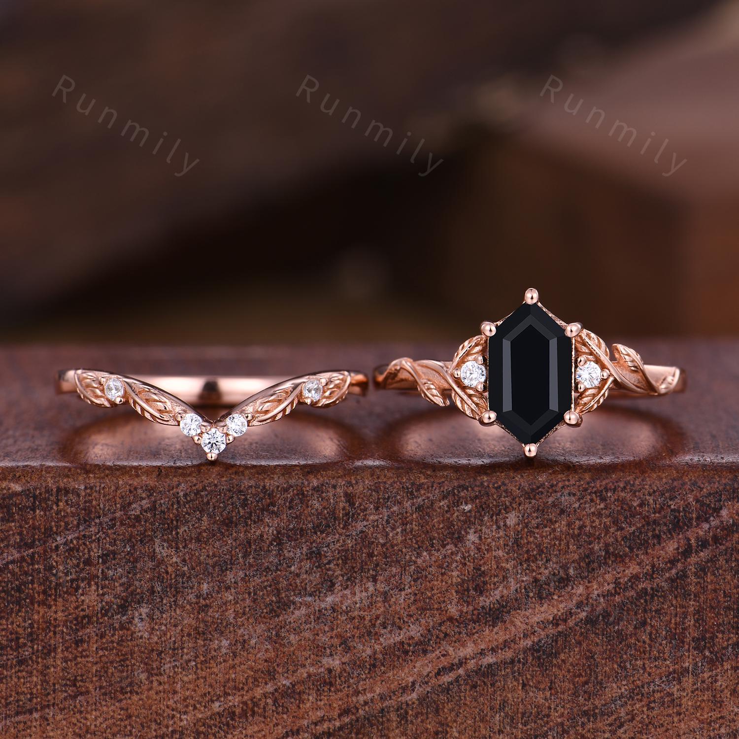 Nature Inspired Black Onyx Engagement ring set Vintage curved stacking wedding band Rose gold leaf style Bridal set Anniversary ring gifts